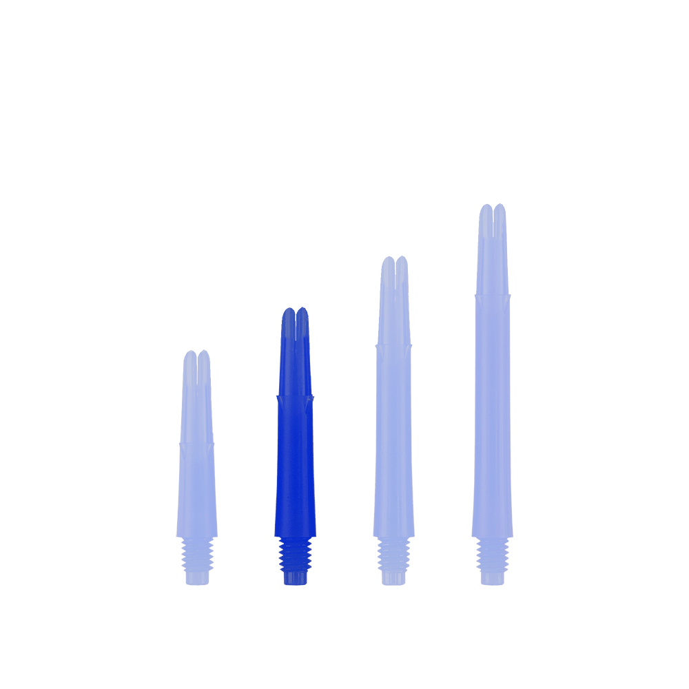 Alberi a L bloccati dritti - Blu Auf dem Bild sind vier blaue Dartschäfte in unterschiedlichen Längen zu sehen. Sie stehen nebeneinander aufrecht vor weißem Hintergrund.