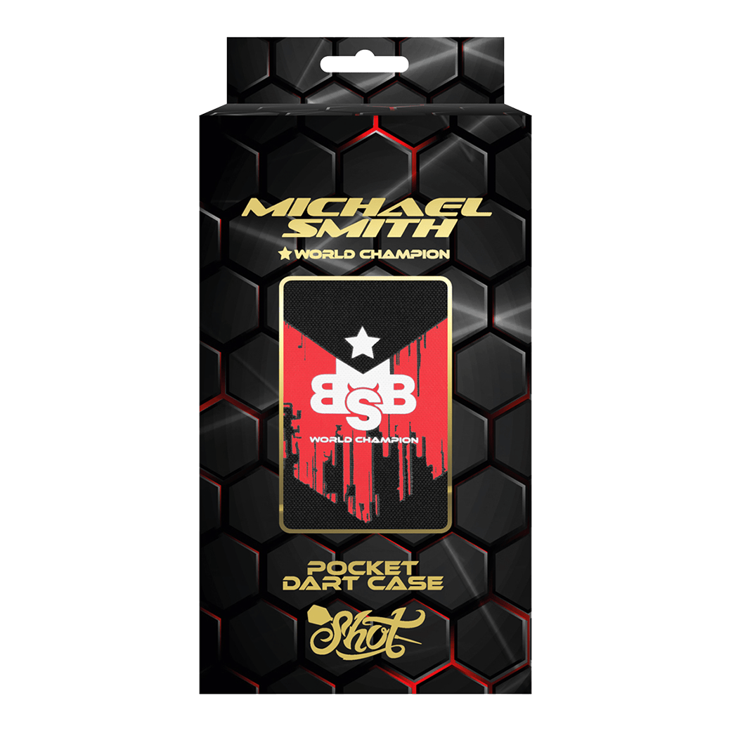 Shot Michael Smith Campione del Mondo Custodia per freccette tascabile - Vittoria Die Abbildung zeigt die Verpackung des Produkts "Shot Michael Smith World Champion Pocket Dartcase - Victory". Das Design ist schwarz mit goldener Schrift und hebt das Dartcase sowie den Titel "World Champion" hervor.
