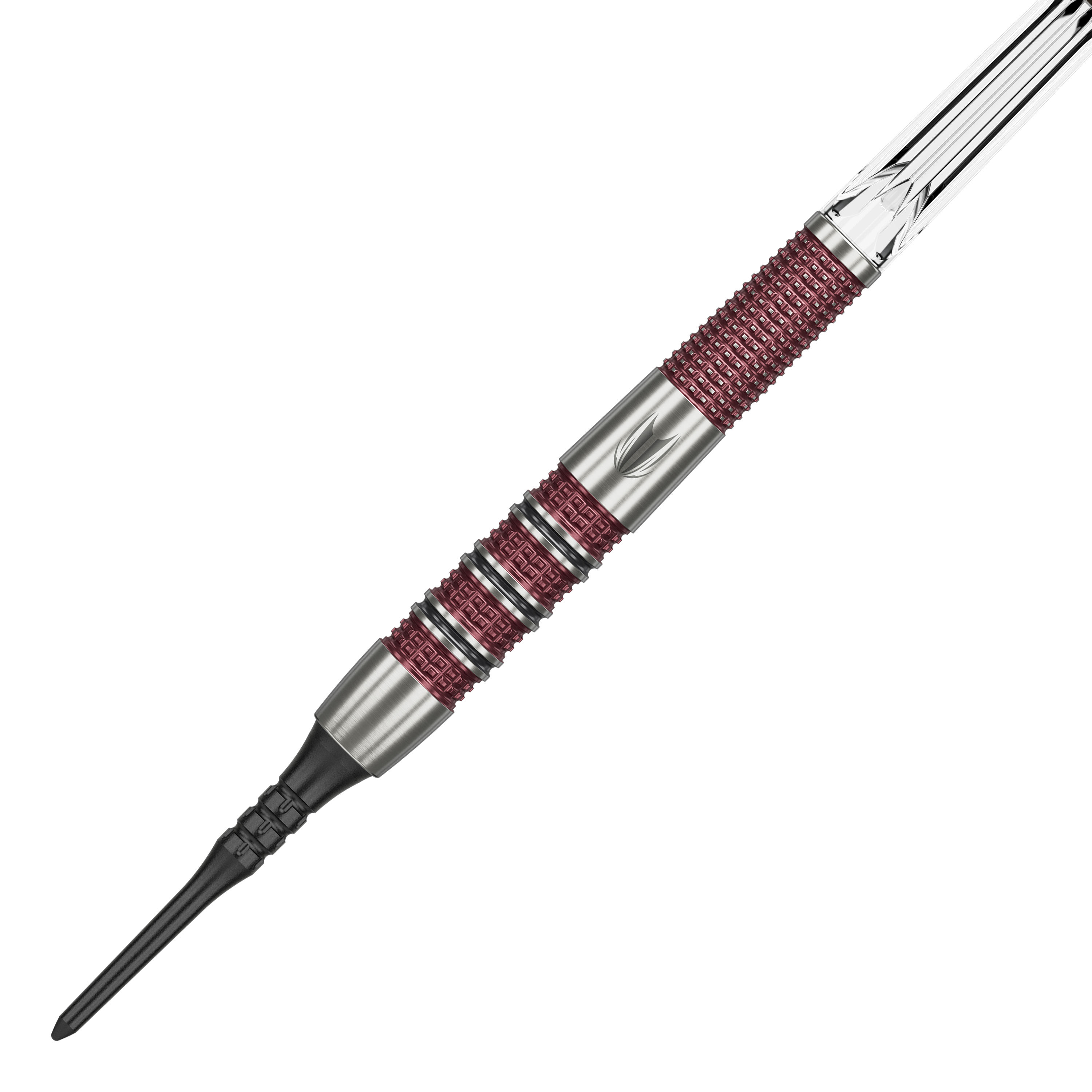 Freccette morbide Target Stephen Bunting 95K - 19 g Das Bild zeigt einen Target Stephen Bunting 95K Softdart mit einem Gewicht von 19 Gramm. Der Dart hat ein silbernes und rotes Griffdesign mit einer schwarzen Softspitze.
