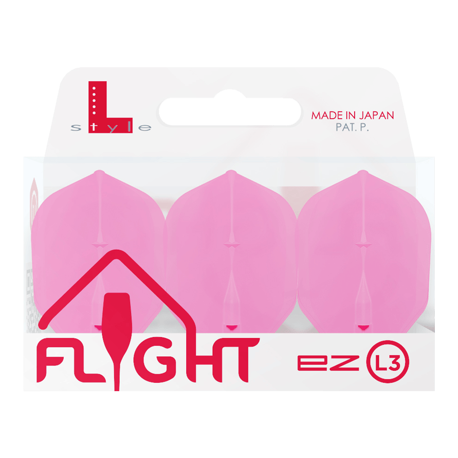 Voli L-L-Style3EZ Die Abbildung zeigt eine Packung mit drei pinken Dartflights der Marke L-Style. Auf der Verpackung steht "FLIGHT" und "MADE IN JAPAN".
