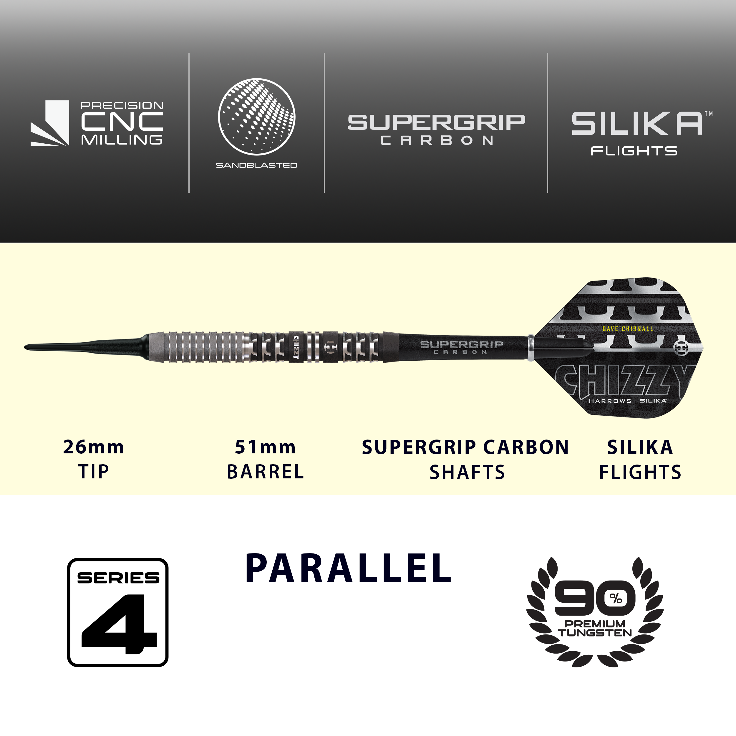 Freccette morbide Dave Chisnall Chizzy Series 4 di Harrow Das Produkt ist die Harrows Dave Chisnall Chizzy Series 4 Softdarts. Es richtet sich an Spieler, die Softdarts bevorzugen.