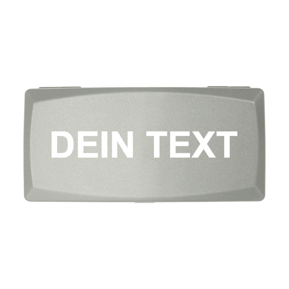 Scatola in ABS con stampa personalizzata Auf dem Bild ist eine graue Box zu sehen. Auf der Box steht in weißen Buchstaben "DEIN TEXT".
