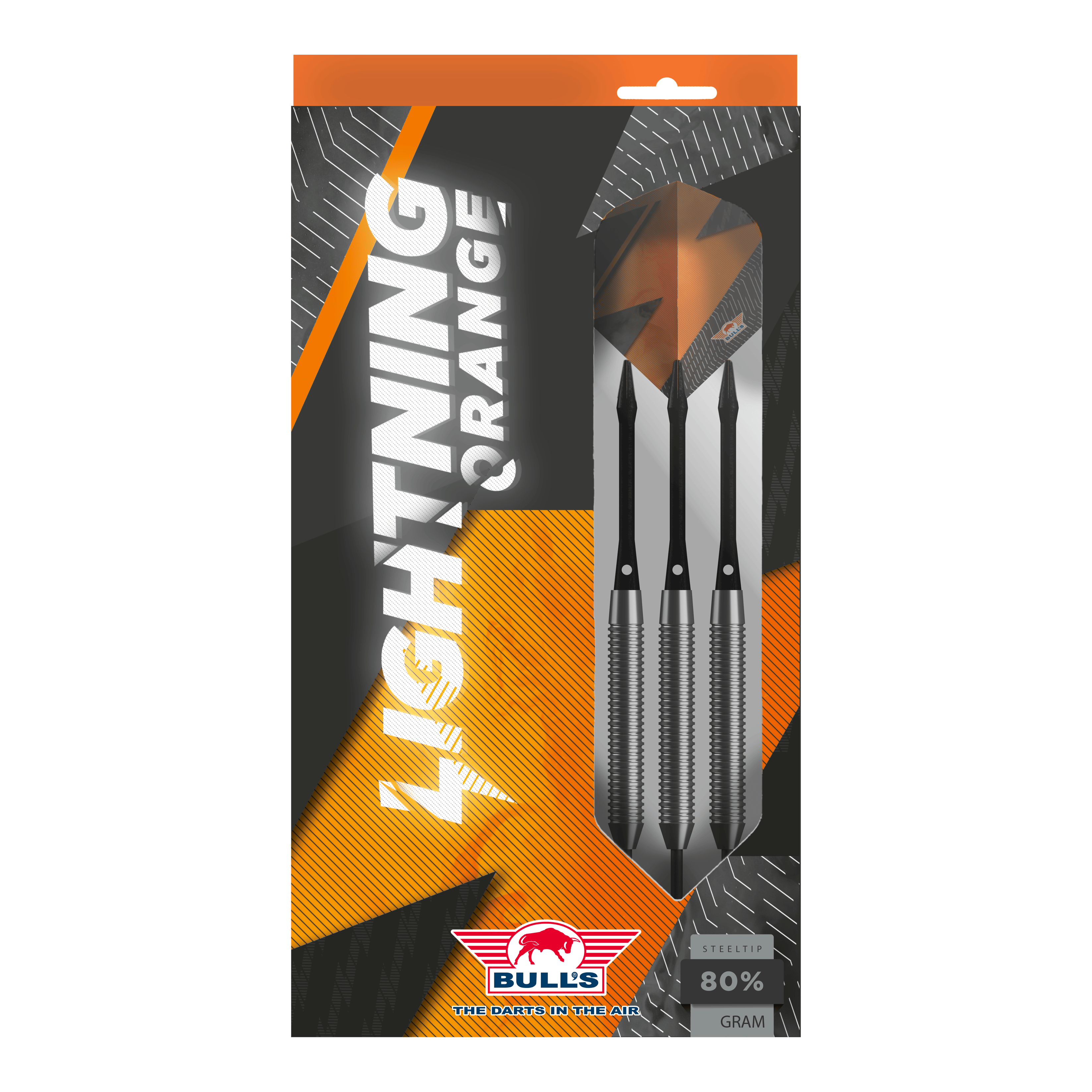 Bulls NL Lightning Freccette in acciaio arancioni Das Bild zeigt die Verpackung der "Bulls NL Lightning Orange Steeldarts". In der Packung befinden sich drei Steeldarts mit orange-schwarzem Design.