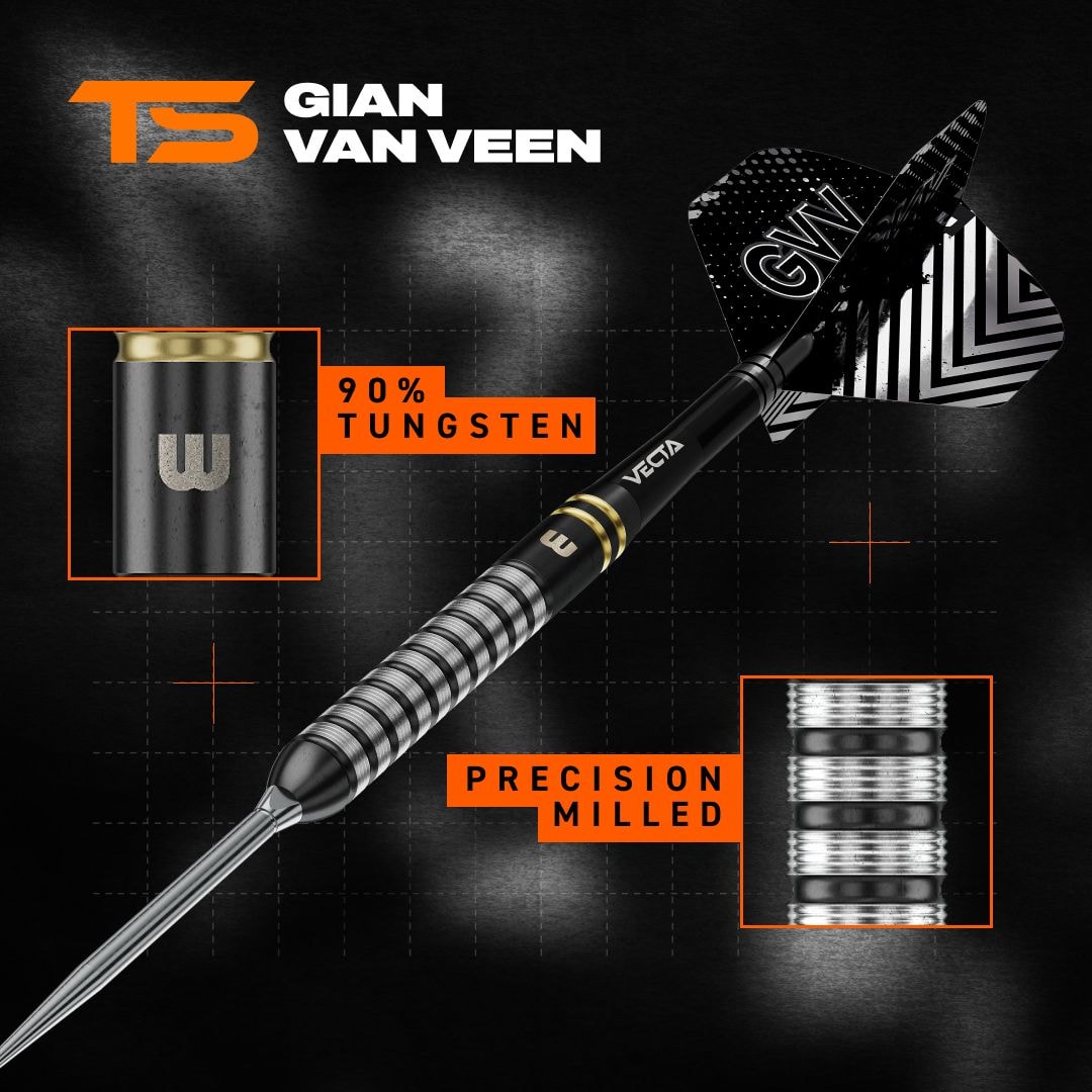 Das Bild zeigt Winmau Gian Van Veen TS Switch Point Steeldarts. Drei Darts mit moderner Optik sind zu sehen.