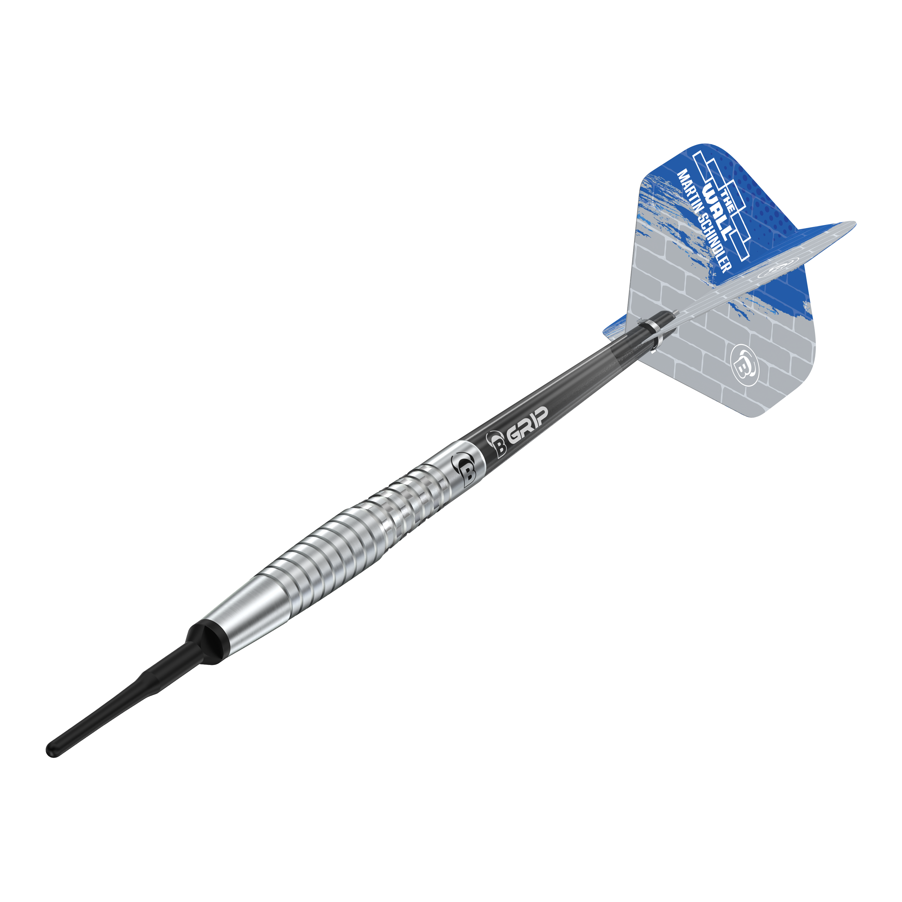 Bulls Martin Schindler Original Generation 2 freccette morbide Das Bild zeigt den Softdart "Bulls Martin Schindler Original Generation 2". Der Dartpfeil hat einen silbernen, geriffelten Barrel und blaue Flights mit weißem Muster.