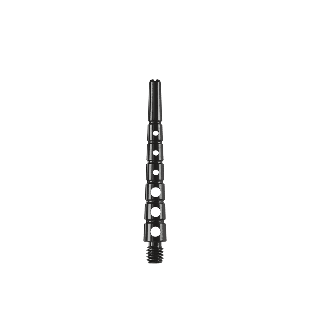 901941_Harrows_Graflite_Shafts_Schwarz_11bSMzeGzjzeGV Das Bild zeigt einen Harrows Graflite Shaft in der Länge 41 mm. Der Dartshaft ist schwarz und hat mehrere runde Aussparungen im Schaft.
