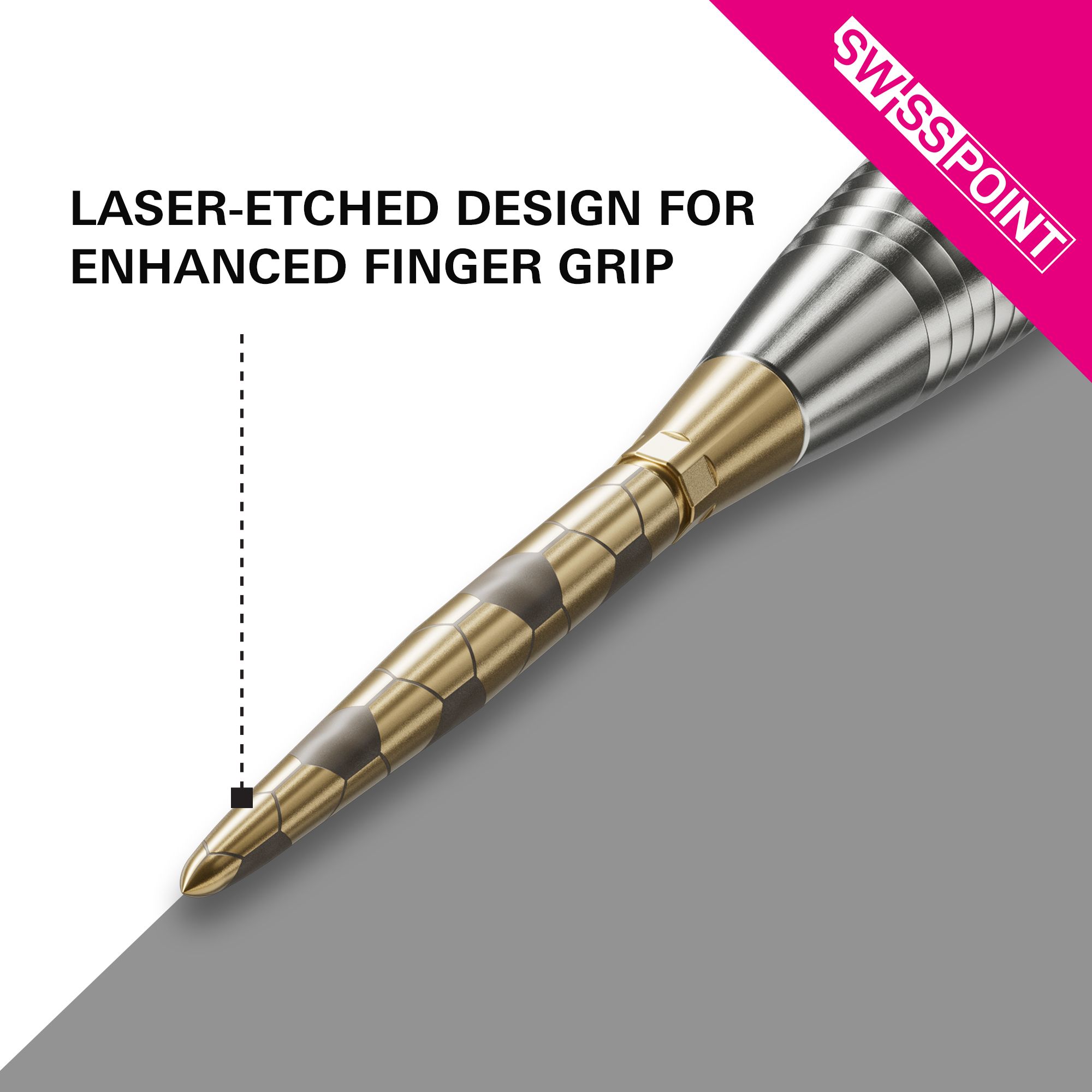 Punte per freccette Target Swiss Storm Onyx Point - Oro Das Bild zeigt die goldene Target Swiss Storm Onyx Point Dartspitze mit einem lasergravierten Design. Dieses Design sorgt für einen verbesserten Fingergriff.