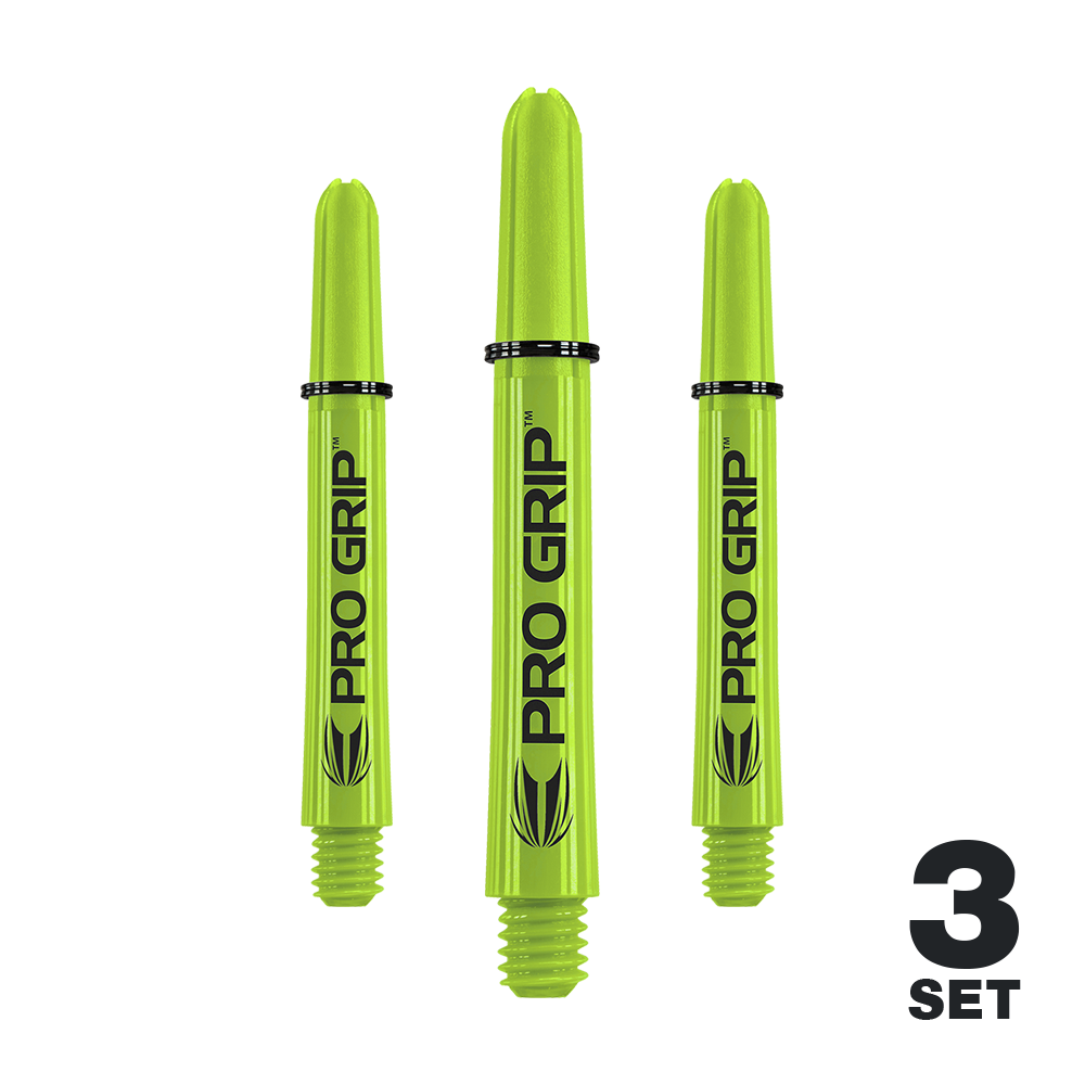 Target Pro Grip Shafts - 3 set - Verde lime Das Bild zeigt drei limegrüne Pro Grip Shafts für Darts. In der rechten unteren Ecke steht "3 SET".
