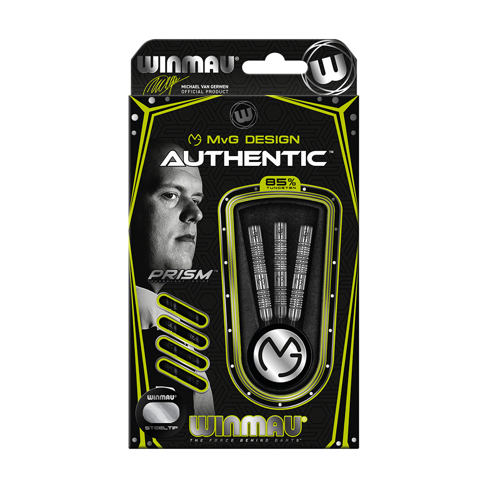 1443_Winmau_Michael_Van_Gerwen_MvG_Authentic_Steeldarts_3NGrZgYTawOCBO Die Abbildung zeigt die Verpackung der "Winmau Michael Van Gerwen MvG Authentic Steeldarts". Auf der Packung sind drei Darts und ein Bild von Michael Van Gerwen zu sehen.