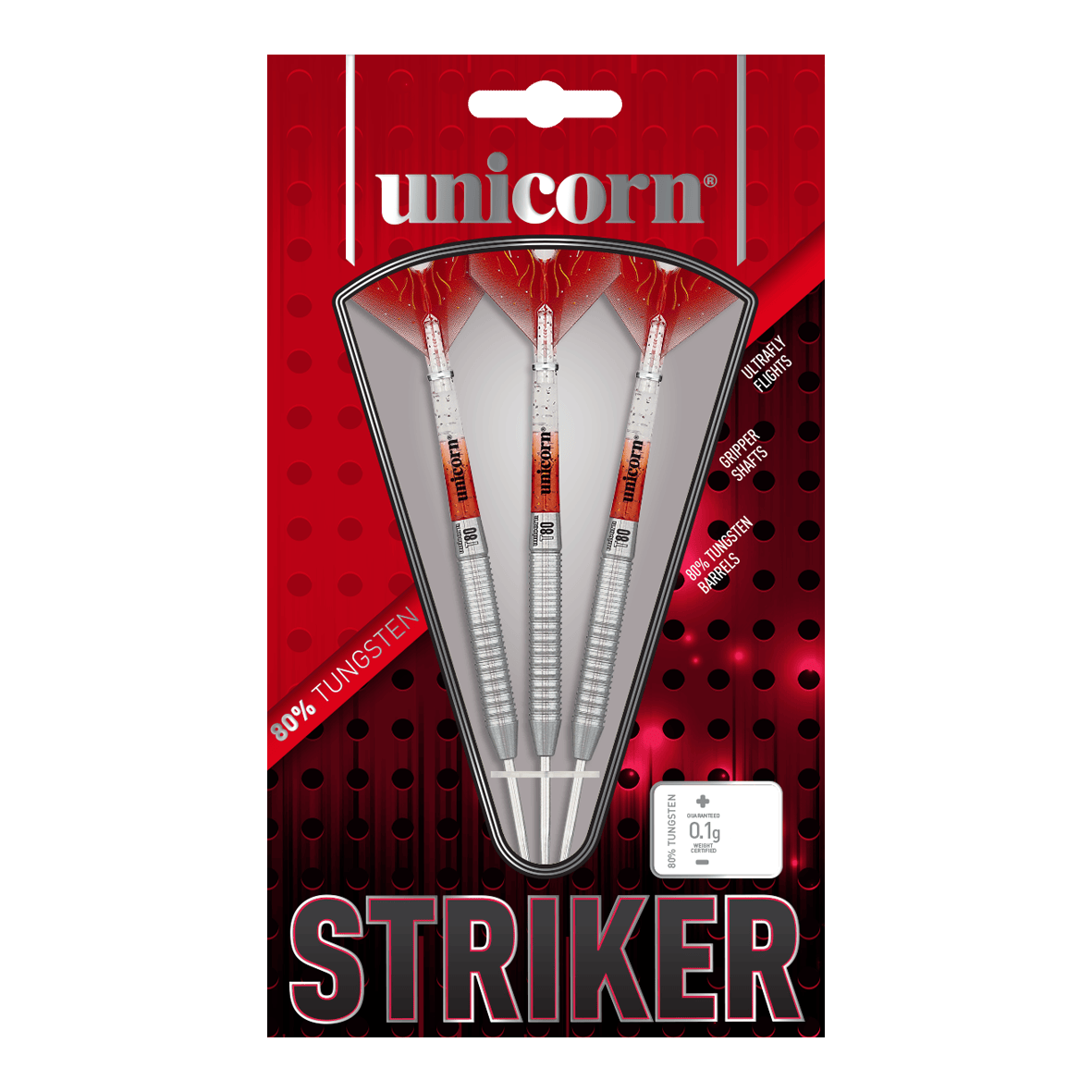 Unicorn Core XL Striker Style 5 freccette in acciaio Das Bild zeigt die Verpackung der "Unicorn Core XL Striker Style 5 Steeldarts". In der Packung befinden sich drei Steeldarts mit silbernen Schäften und roten Flights.