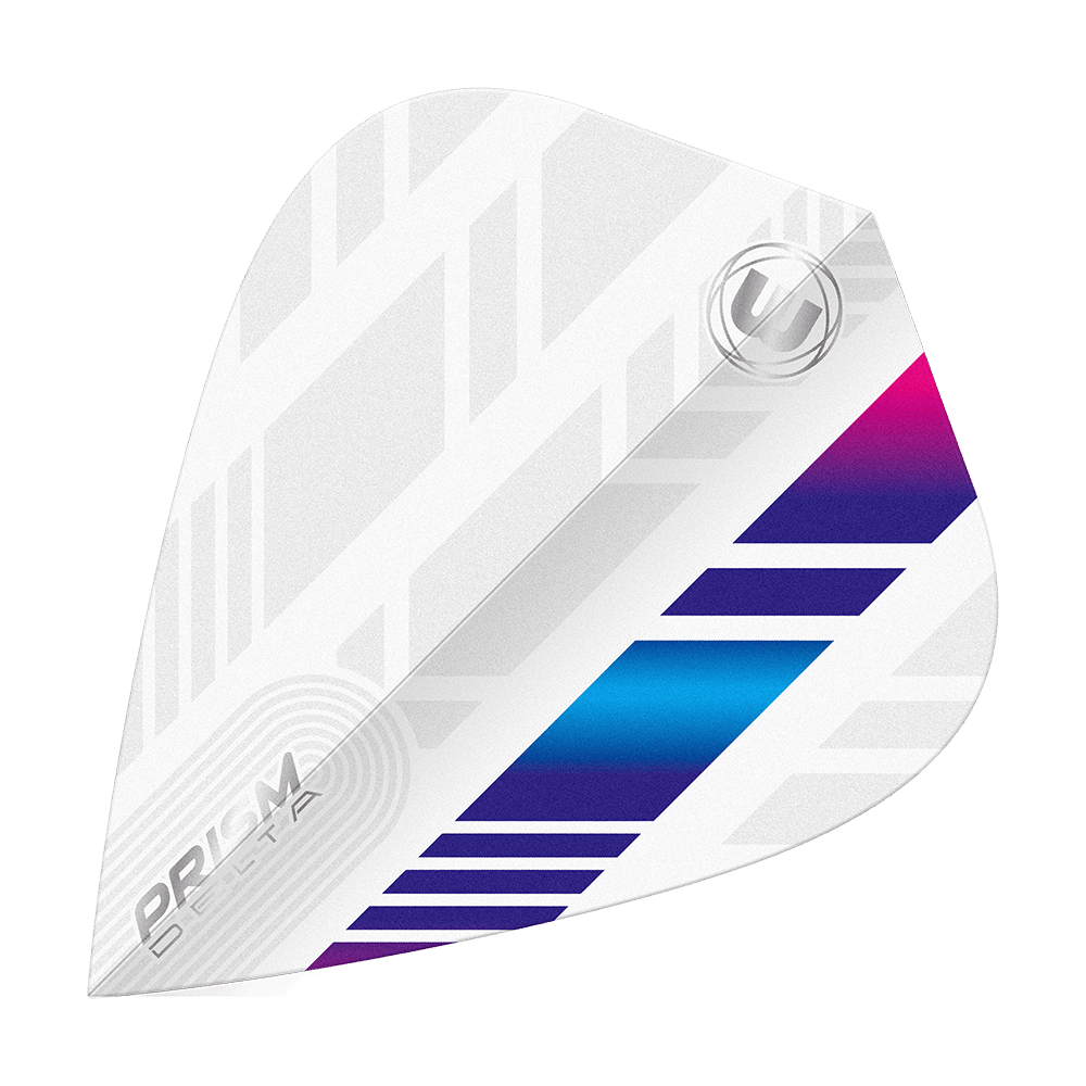Voli dell'aquilone Winmau Delta bianco blu viola Das Bild zeigt ein weißes Dart-Flight mit blauen und violetten Akzenten. Das Design ist modern mit geometrischen Mustern und trägt die Aufschrift „PRISM DELTA“.