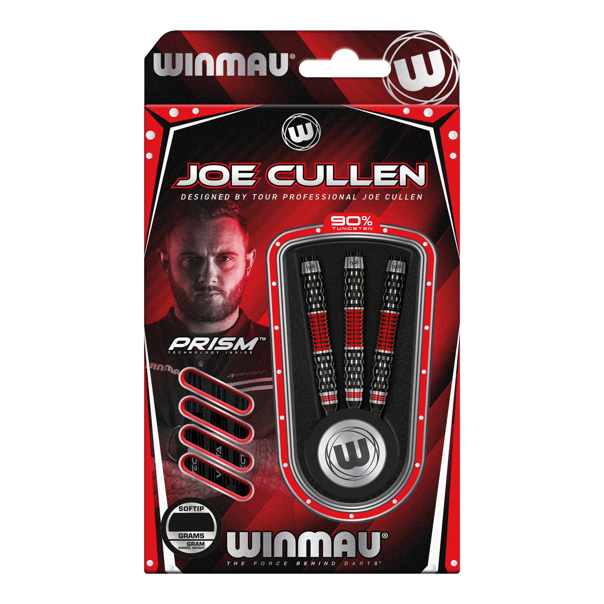 Freccette morbide Winmau Joe Cullen Rockstar Series RS1 - 20 g Die Abbildung zeigt die Winmau Joe Cullen Rockstar Series RS1 Softdarts mit 20g Gewicht. Die Darts sind in einer rot-schwarzen Verpackung und enthalten 90% Tungsten.
