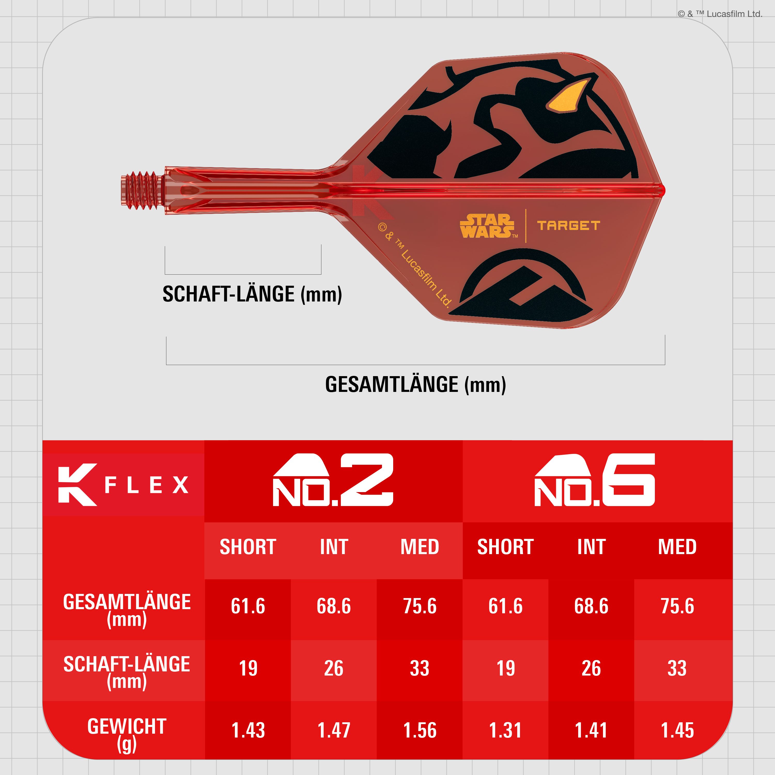 Voli Target Star Wars K-Flex Darth Maul No6 Das Bild zeigt die Target Star Wars K-Flex Darth Maul No6 Flights. Die Dartflights sind im Stil von Darth Maul aus Star Wars gestaltet.