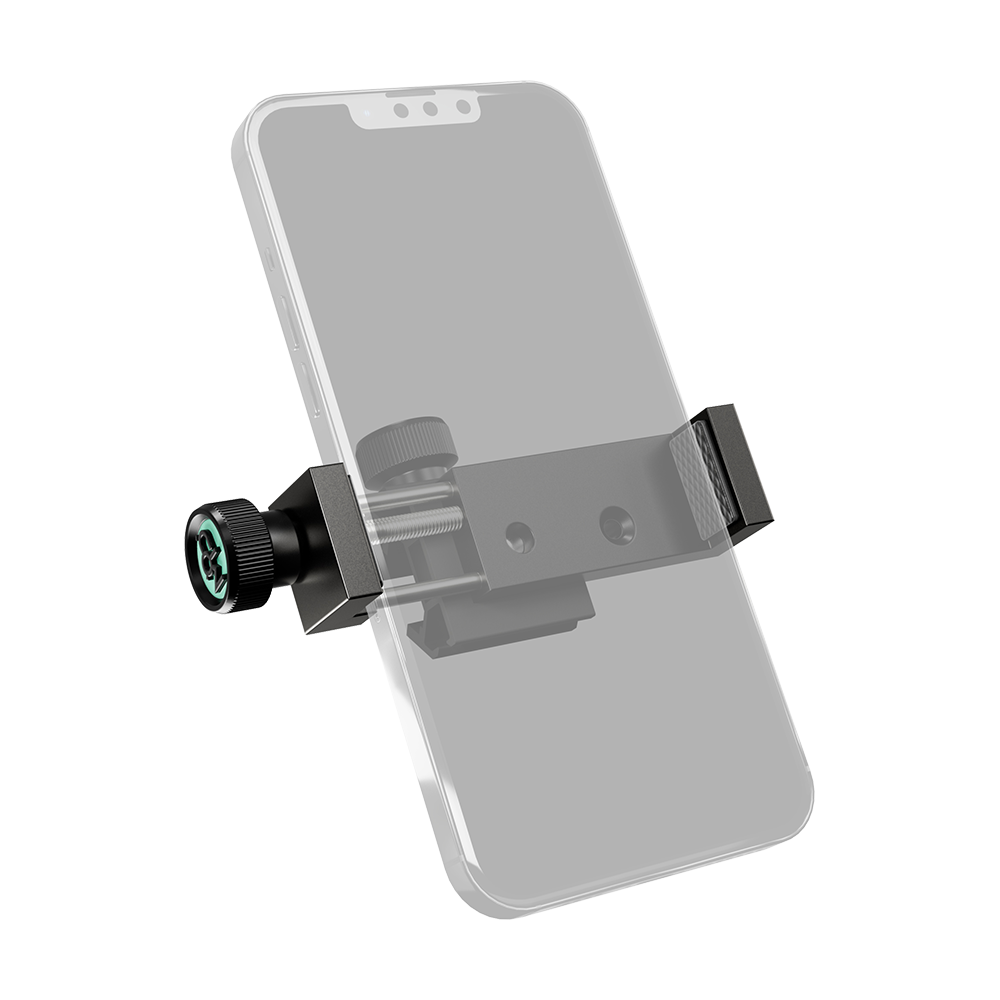460003_Target_MOD_Mount_Handyhalterung_1 Die Abbildung zeigt den Target MOD Mount Handyhalterung, der an ein Smartphone befestigt ist. Die Halterung ist robust und wird mit einer Schraube befestigt.