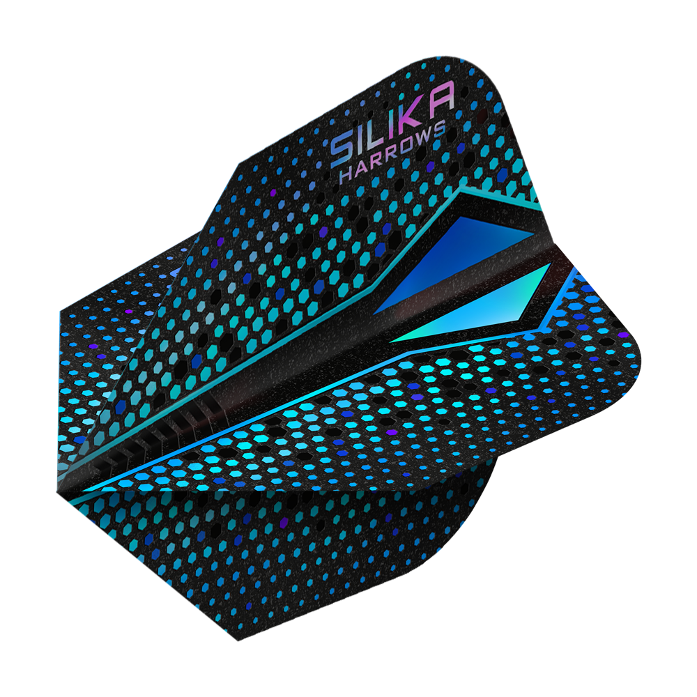 Harrows Silika Colorshift Rivestimento cristallino resistente Blue-X No6 Alette Das Bild zeigt einen Harrows Silika Colourshift Tough Crystalline Coating Blue-X No6 Flight. Das Dart-Flight hat ein schwarzes Design mit blauen und türkisfarbenen Punkten und geometrischen Mustern.