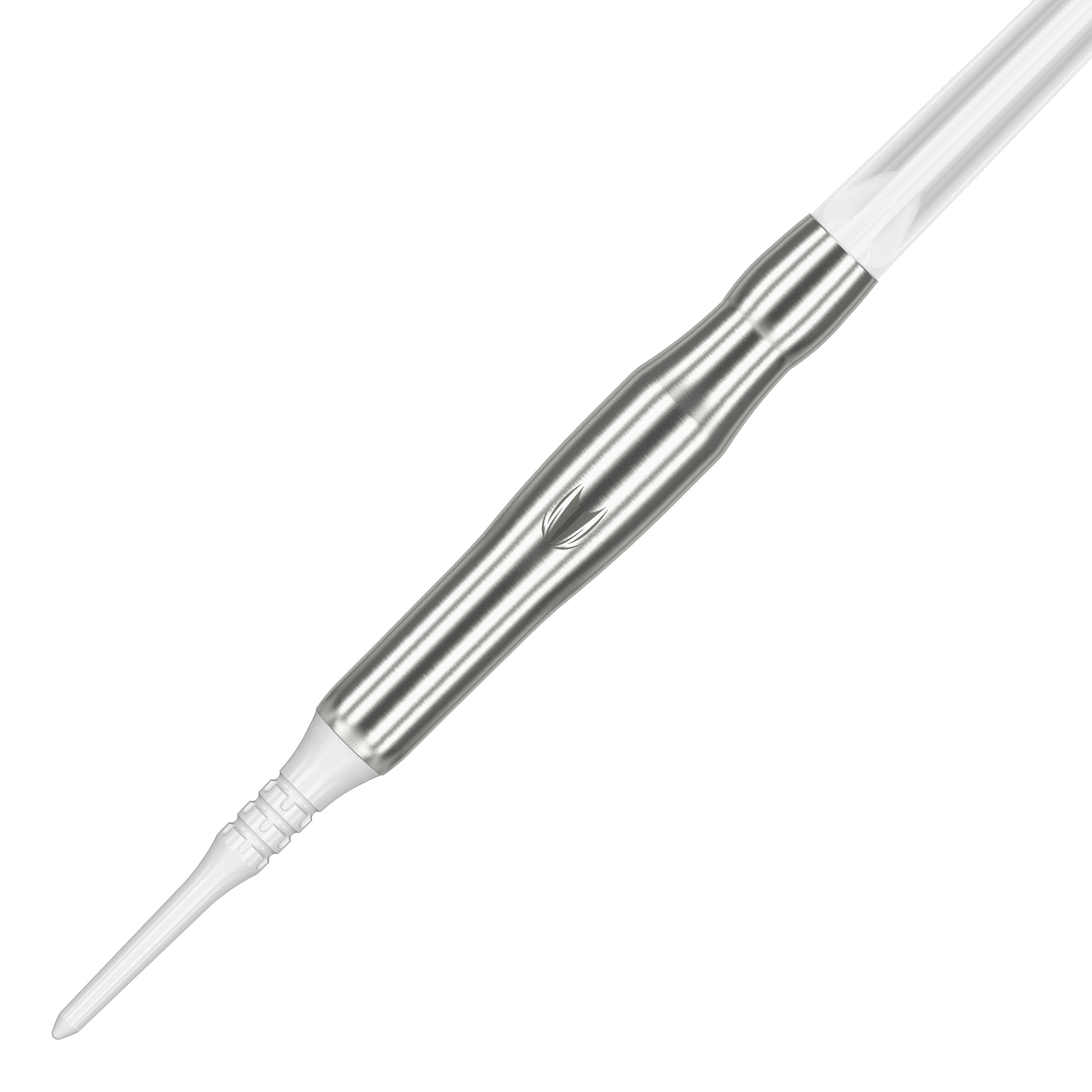 Freccette morbide Target Japan Crux Brave - 18,5 g Das Bild zeigt den Target Japan Crux Brave Softdart mit einem Gewicht von 18,5g. Der Dartpfeil hat ein elegantes, silbernes Design mit einer weißen Spitze.