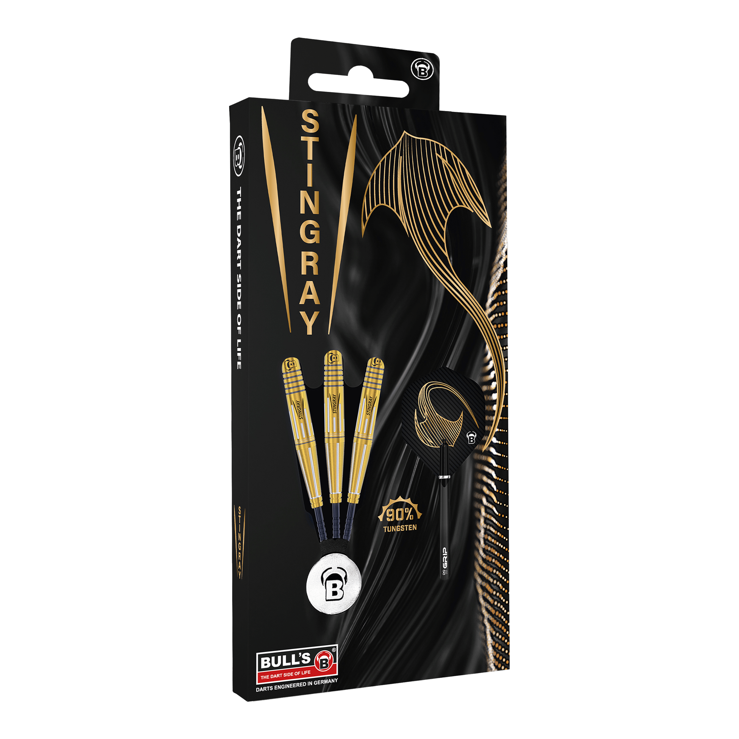 Freccette in acciaio Bulls Stingray ST4 Die Abbildung zeigt die Verpackung der "Bulls Stingray ST4 Steeldarts". Auf der schwarzen Verpackung sind drei goldfarbene Darts sowie ein stilisierter Stachelrochen und Schriftzüge in Gold zu sehen.