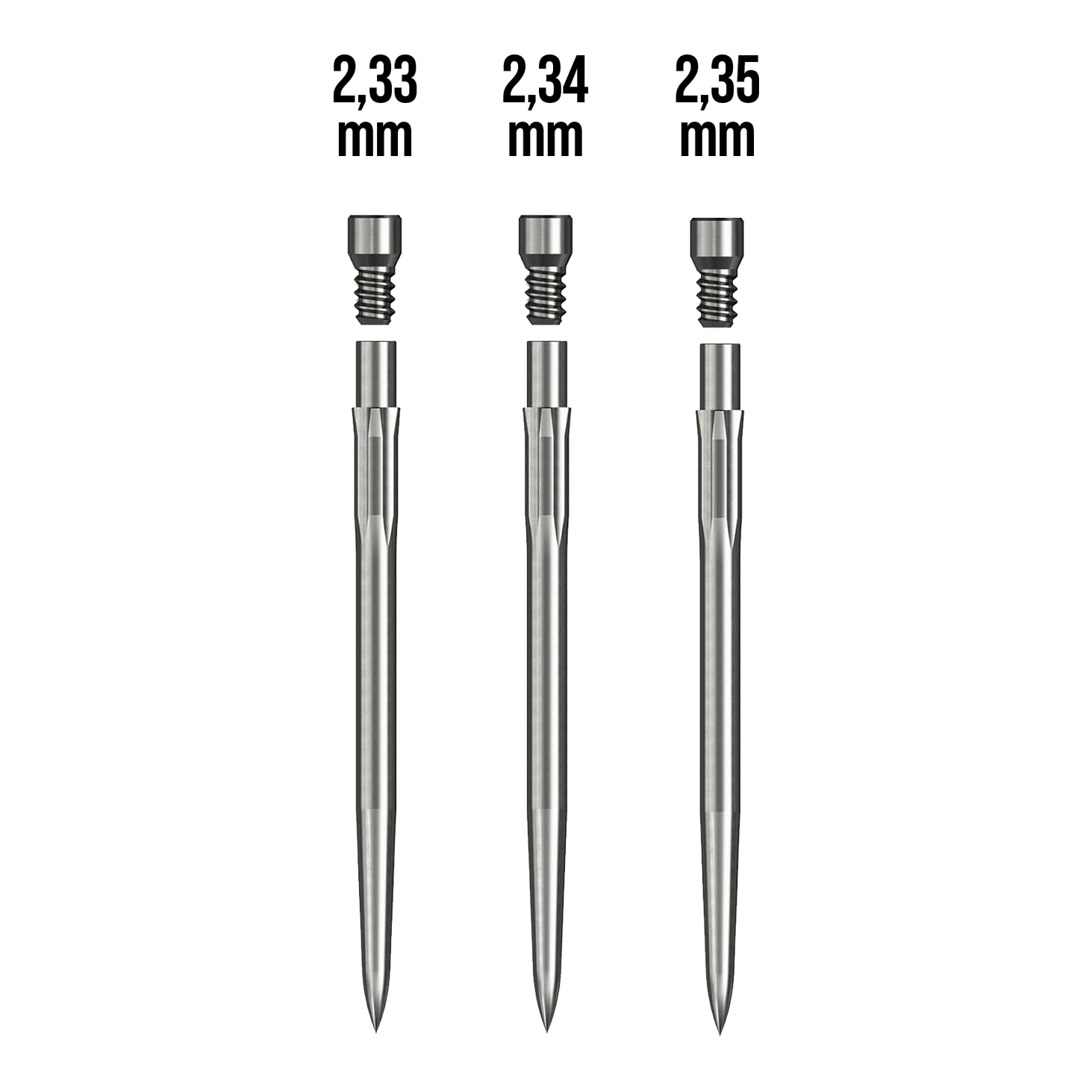 Kit di avviamento Caliburn Das Bild zeigt drei metallische Stifte mit unterschiedlichen Durchmessern: 2,33 mm, 2,34 mm und 2,35 mm. Sie gehören zum Produkt "Caliburn Starter-Kit."