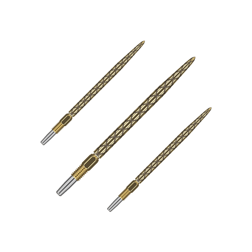 Punte per freccette Target Swiss Diamond Pro Gold Das Bild zeigt drei goldfarbene Dartspitzen mit einem rautenförmigen Muster. Sie sind nebeneinander auf einem weißen Hintergrund angeordnet.