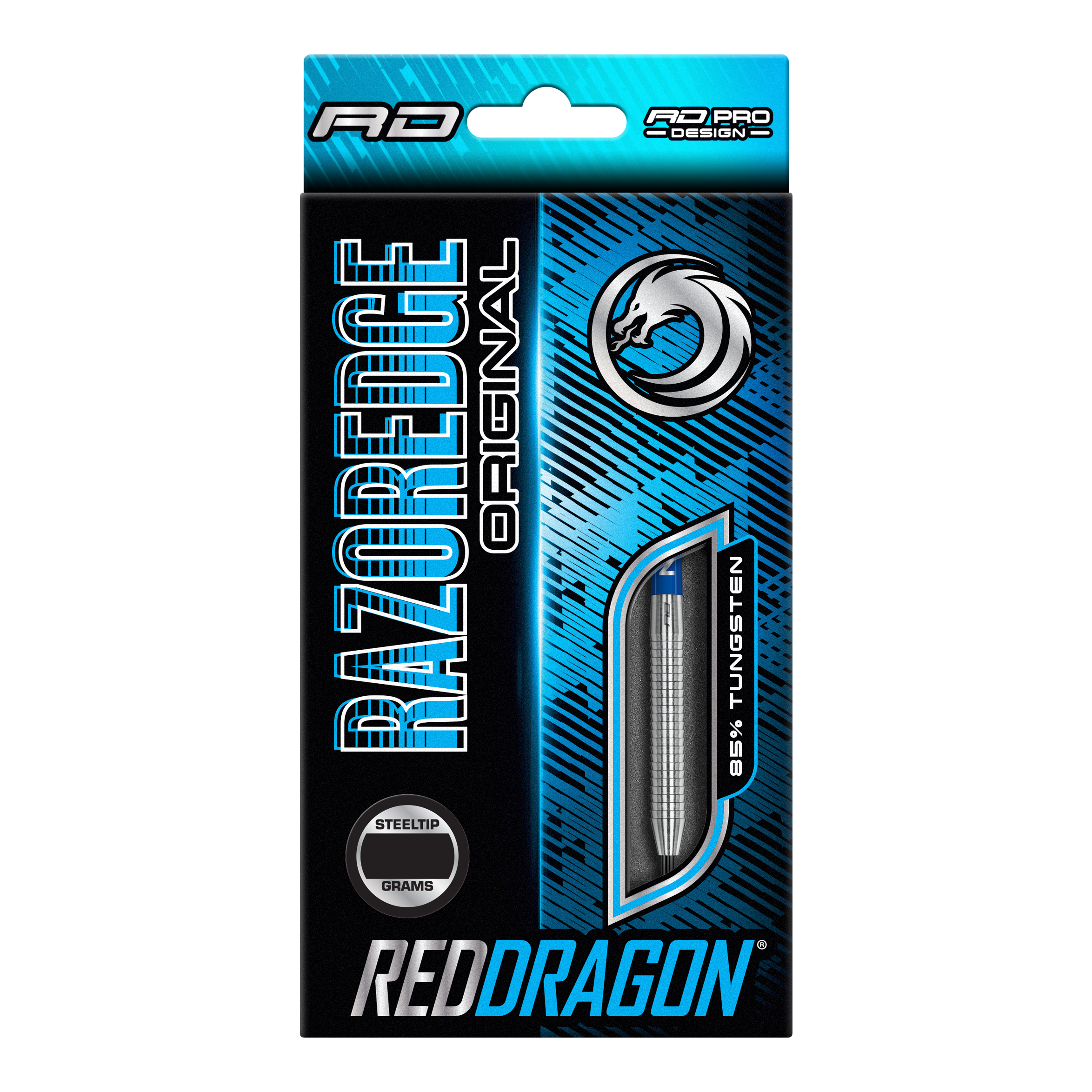 Freccette in acciaio originali Red Dragon Razor Edge Die Verpackung zeigt die "Red Dragon Razor Edge Original Steeldarts" mit einem Gewicht von 24 Gramm. Das Design ist blau-schwarz und hebt hervor, dass die Darts aus 95 % Tungsten bestehen.