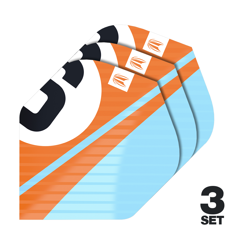 Alette Target Pro Ultra Chicane Orange No2 Standard - 3 set Das Bild zeigt drei Sätze der Target Pro Ultra Chicane Orange No2 Standard Flights. Die Flights sind orange und hellblau mit einem auffälligen schwarzen und weißen Design.