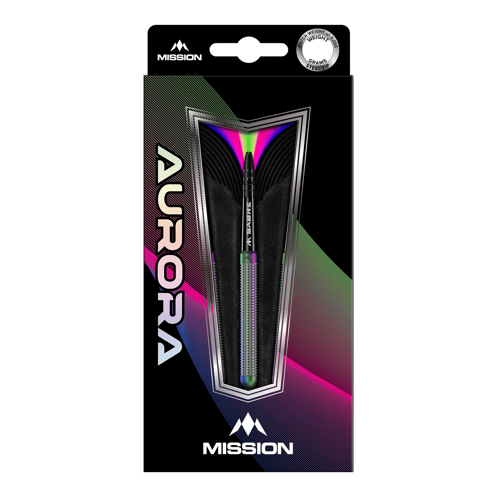 Freccette in acciaio PVD Mission Aurora Coral - 23 g Die Abbildung zeigt die Mission Aurora Coral PVD Steeldarts mit einem Gewicht von 23g in ihrer Verpackung. Das Design der Verpackung ist modern und farbenfroh, mit auffälligen Regenbogen-Effekten.
