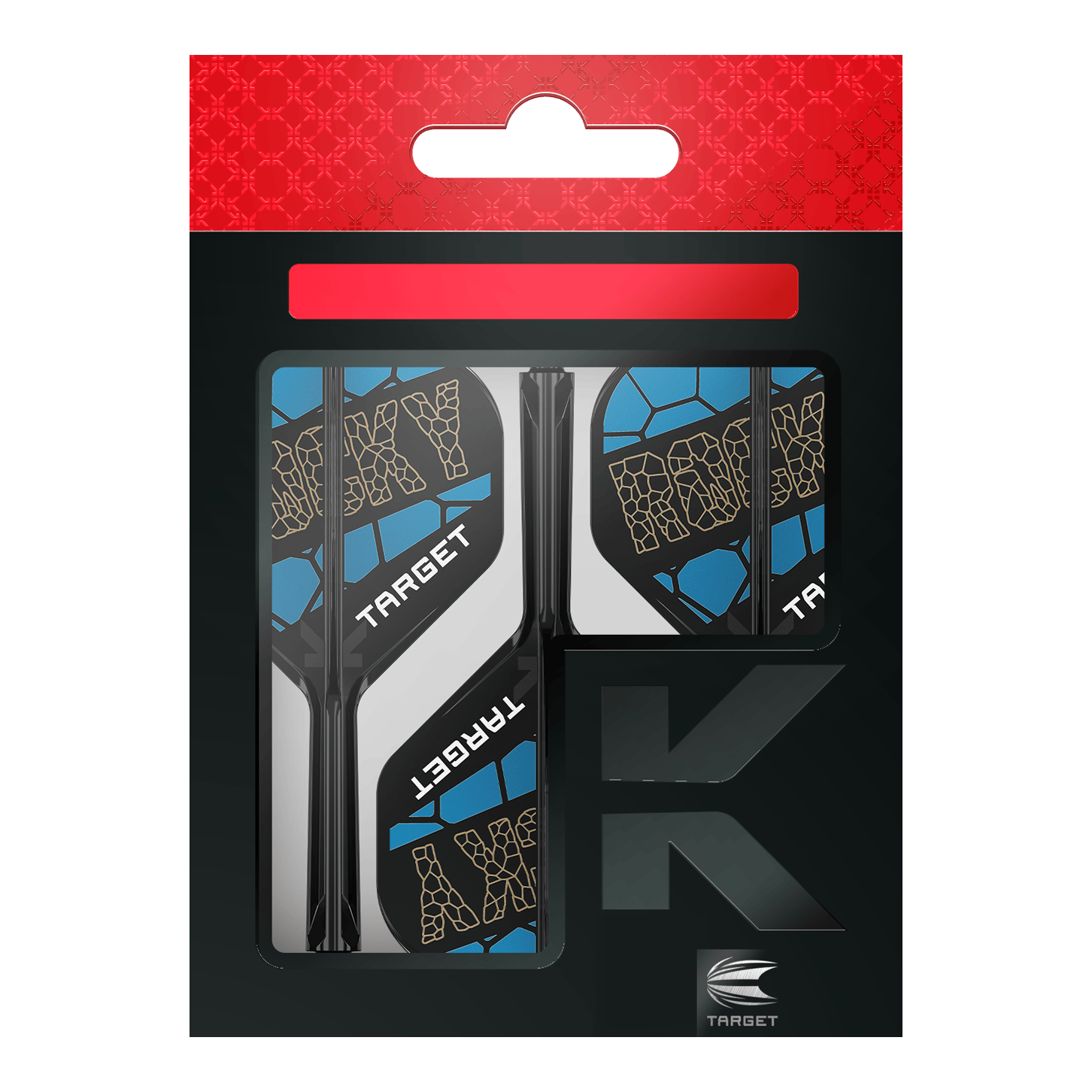 Sistema di alberi di volo standard Target K-Flex Josh Rock No2 Das Bild zeigt das Produkt "Target K-Flex Josh Rock No2 Standard Flight-Shaft-System" in seiner Verpackung. Die Flights sind schwarz, blau und weiß gestaltet und tragen den Schriftzug "ROCKY" sowie "TARGET".
