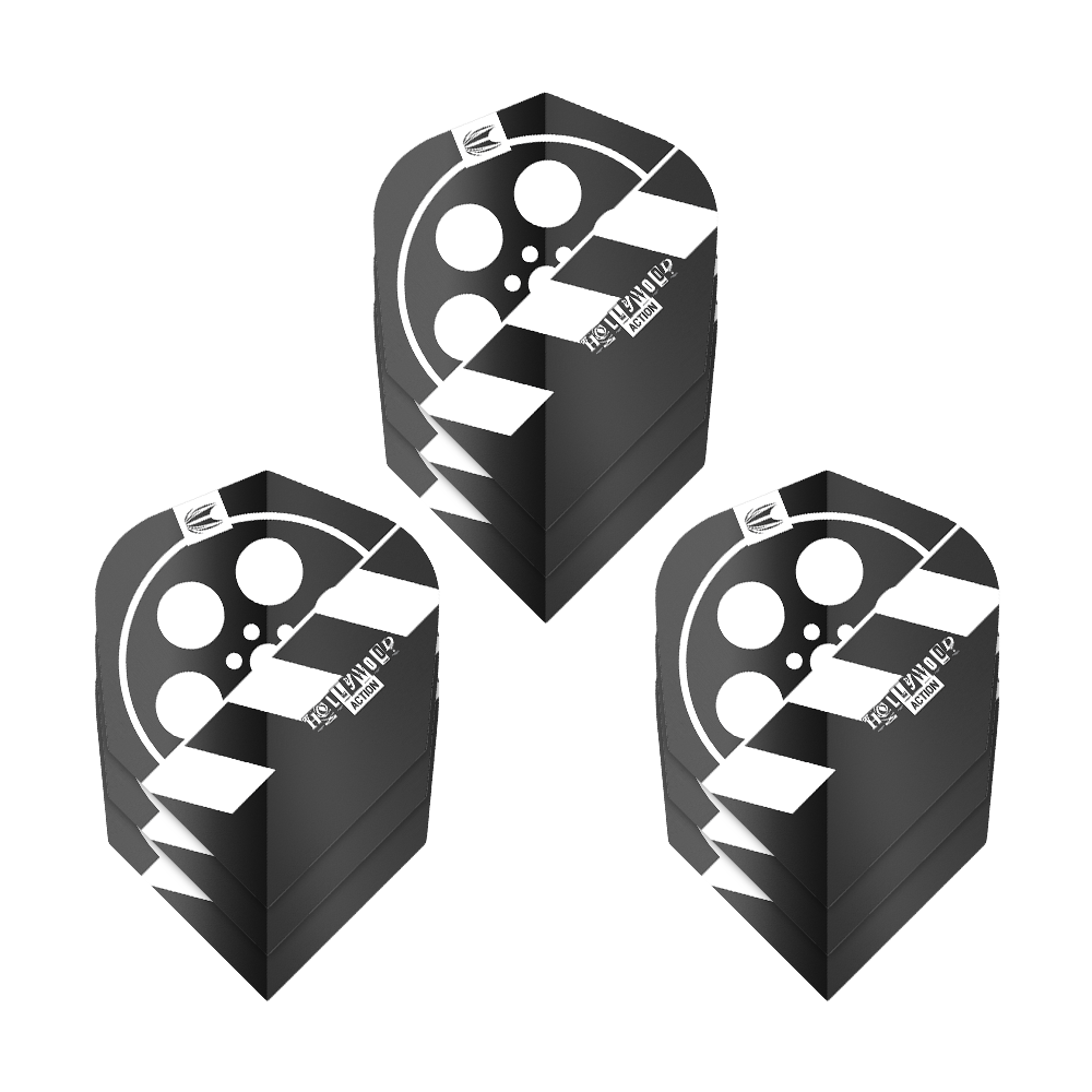 Target Pro Ultra Chris Dobey Hollywood Action No.6 Flights - 3 set Das Bild zeigt drei Sets von schwarzen Dartflights mit einem Filmrollen-Design. Auf den Flights steht „HOLLYWOOD ACTION“ und sie gehören zum Produkt „Target Pro Ultra Chris Dobey Hollywood Action No6“.