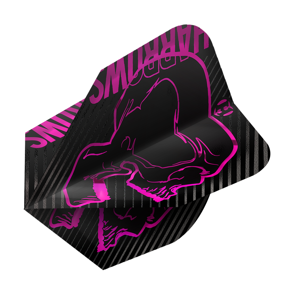 Voli Harrows Rage Pink No6 Dies ist ein Dartflight des Modells „Harrows Rage Pink No6“. Das Design ist schwarz mit einem auffälligen pinken Totenkopf und den Worten „Harrows“ in Pink.