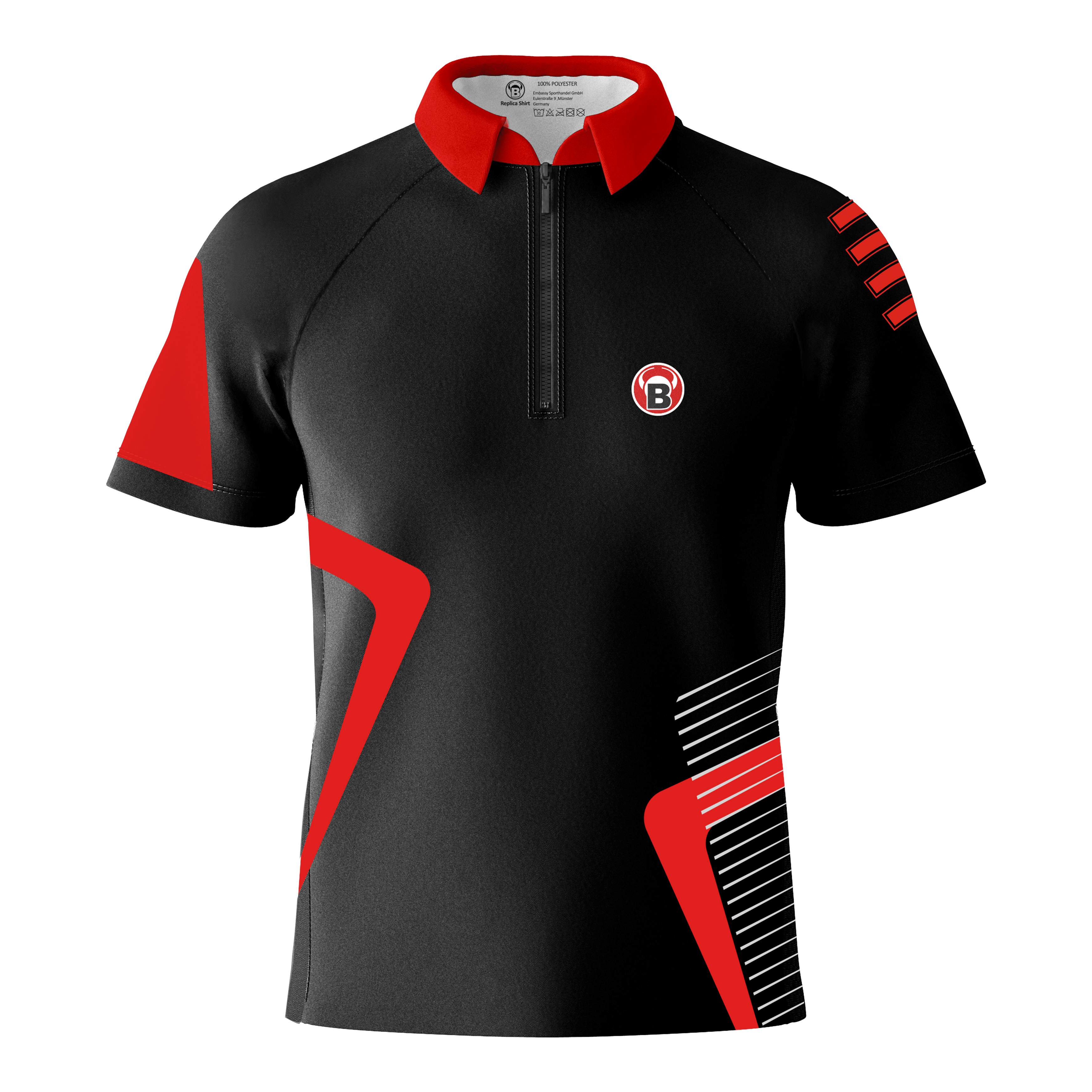 Maglietta Bulls Team Dart - Rossa Das Bild zeigt ein schwarzes Dartshirt mit roten und weißen Akzenten. Auf der linken Brust befindet sich ein rundes Logo mit einem "B".