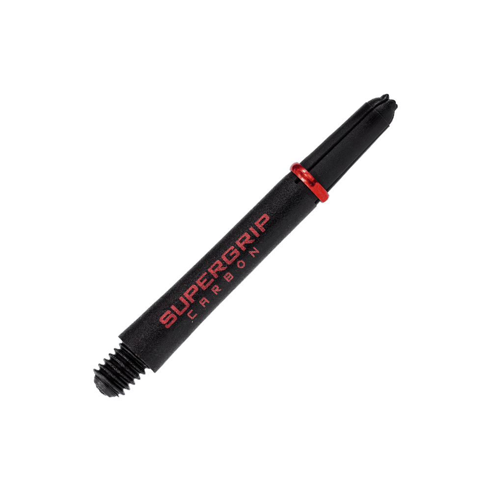 HR358_Harrows_Supergrip_Carbon_Shafts_Rot_40mm_2 Das Bild zeigt einen Harrows Supergrip Carbon Shaft in Rot. Der Schaft ist schwarz mit rotem Schriftzug und einem roten Ring gestaltet.
