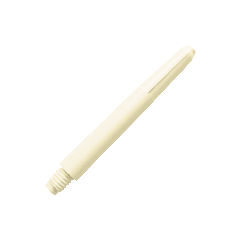 577_Nylon_Shafts_Naturweiss_40mm_2 Das Bild zeigt einen Nylon-Schaft in der Farbe Naturweiß. Der Schaft ist zylindrisch und hat ein Gewinde an einem Ende.