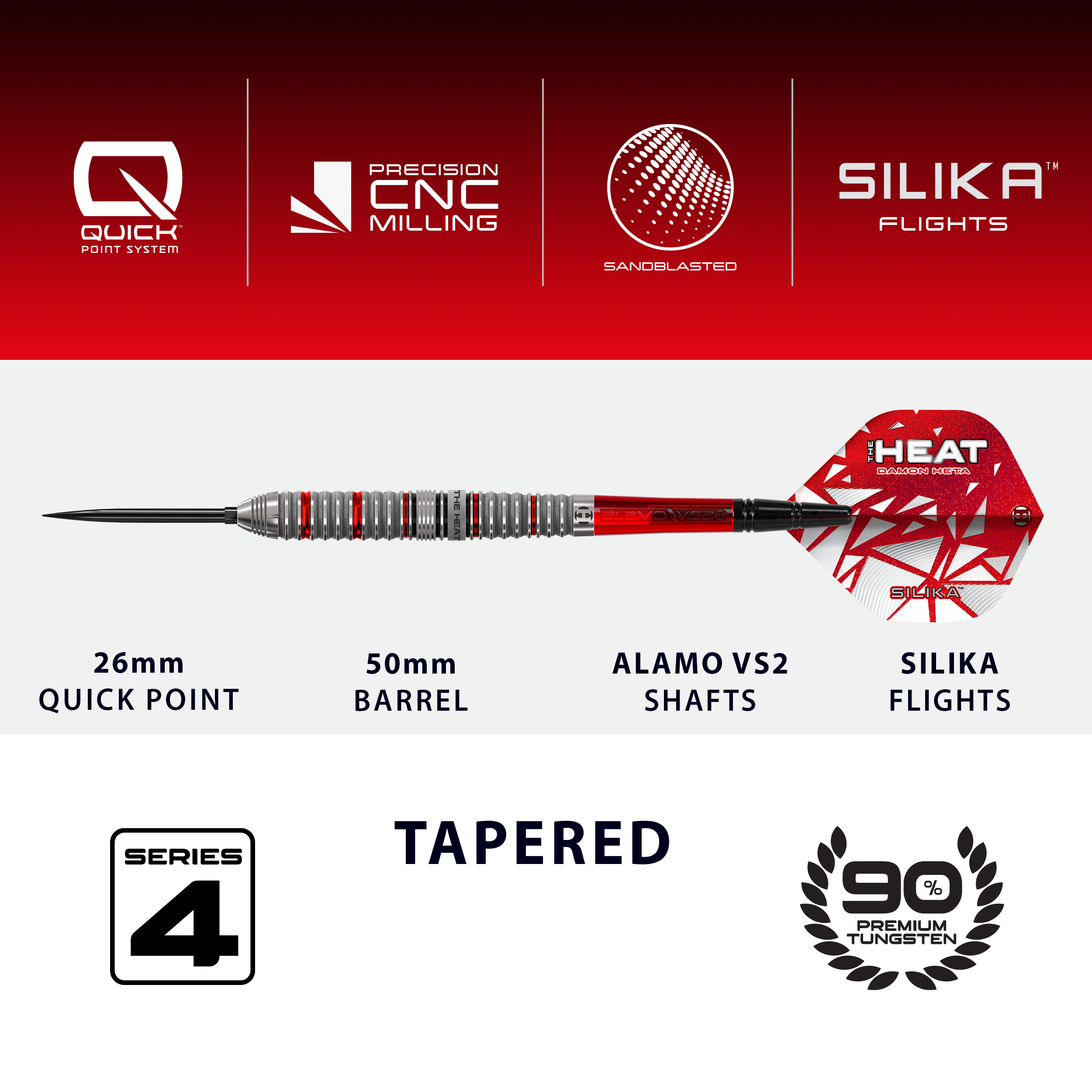 Freccette in acciaio Quick Point Damon Heta Series 4 di Harrow Dieses Bild zeigt die Harrows Damon Heta Series 4 Quick Point Steeldarts. Sie sind für den Gebrauch beim Steeldartspiel konzipiert.