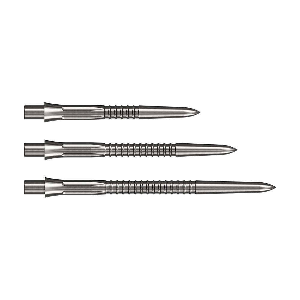 Auf dem Bild sieht man die Mission Caliburn EVO Dartspitzen GV1 in Silber. Die Spitzen sind für präzises Dartspiel konzipiert.