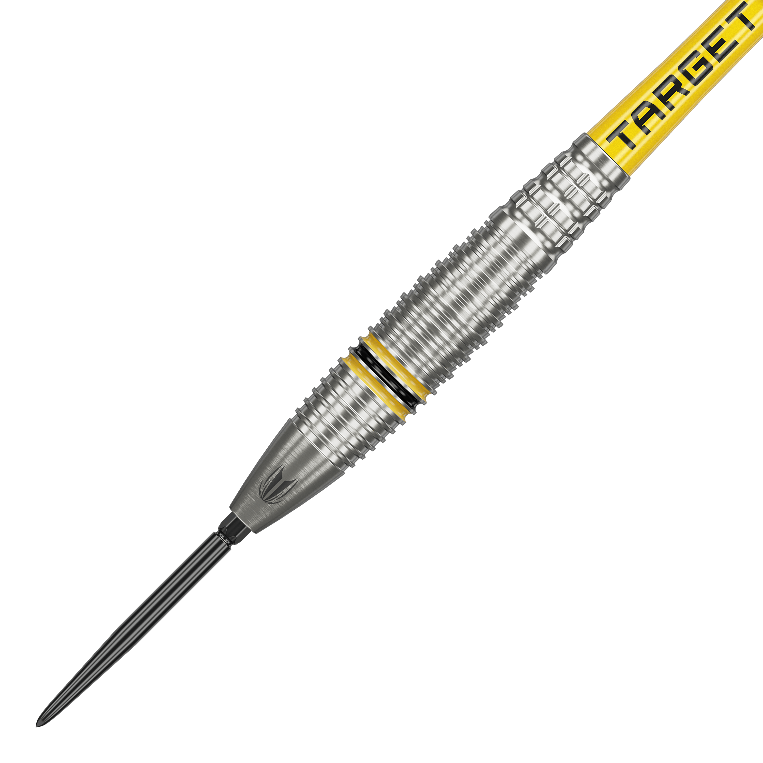 Freccette in acciaio Target Scott Williams GEN2 Swiss Point Das Bild zeigt einen Target Scott Williams GEN2 Swiss Point Steeldart. Der Dart ist silberfarben mit gelben und schwarzen Akzenten sowie der Aufschrift "TARGET" auf dem Schaft.