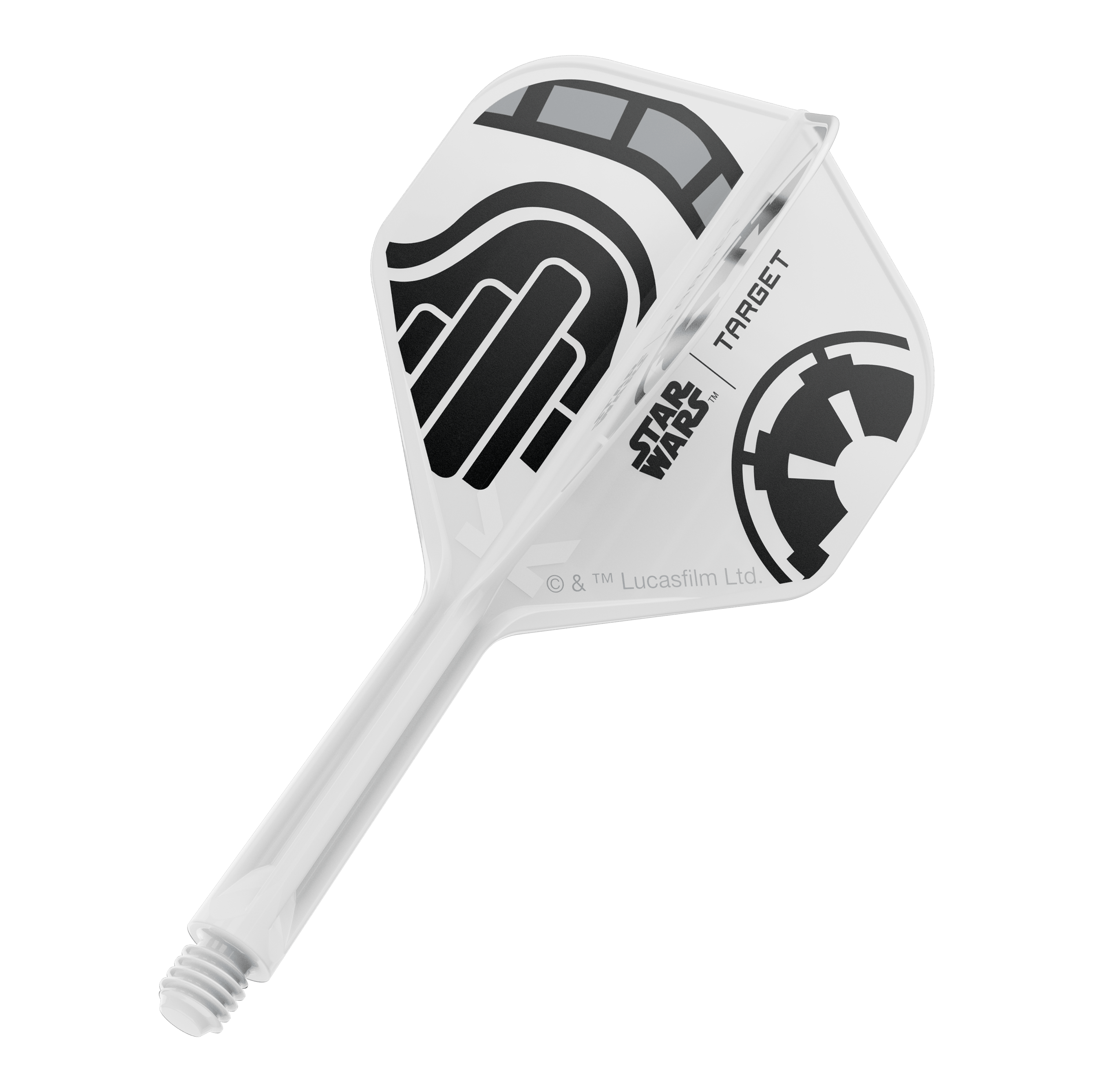 Voli standard Target Star Wars K-Flex Stormtrooper No2 Das Bild zeigt einen einzelnen Dart-Flight aus der Star Wars KFlex Stormtrooper Serie. Der Flight ist in der Standardgröße und hat eine Länge von 26 mm.