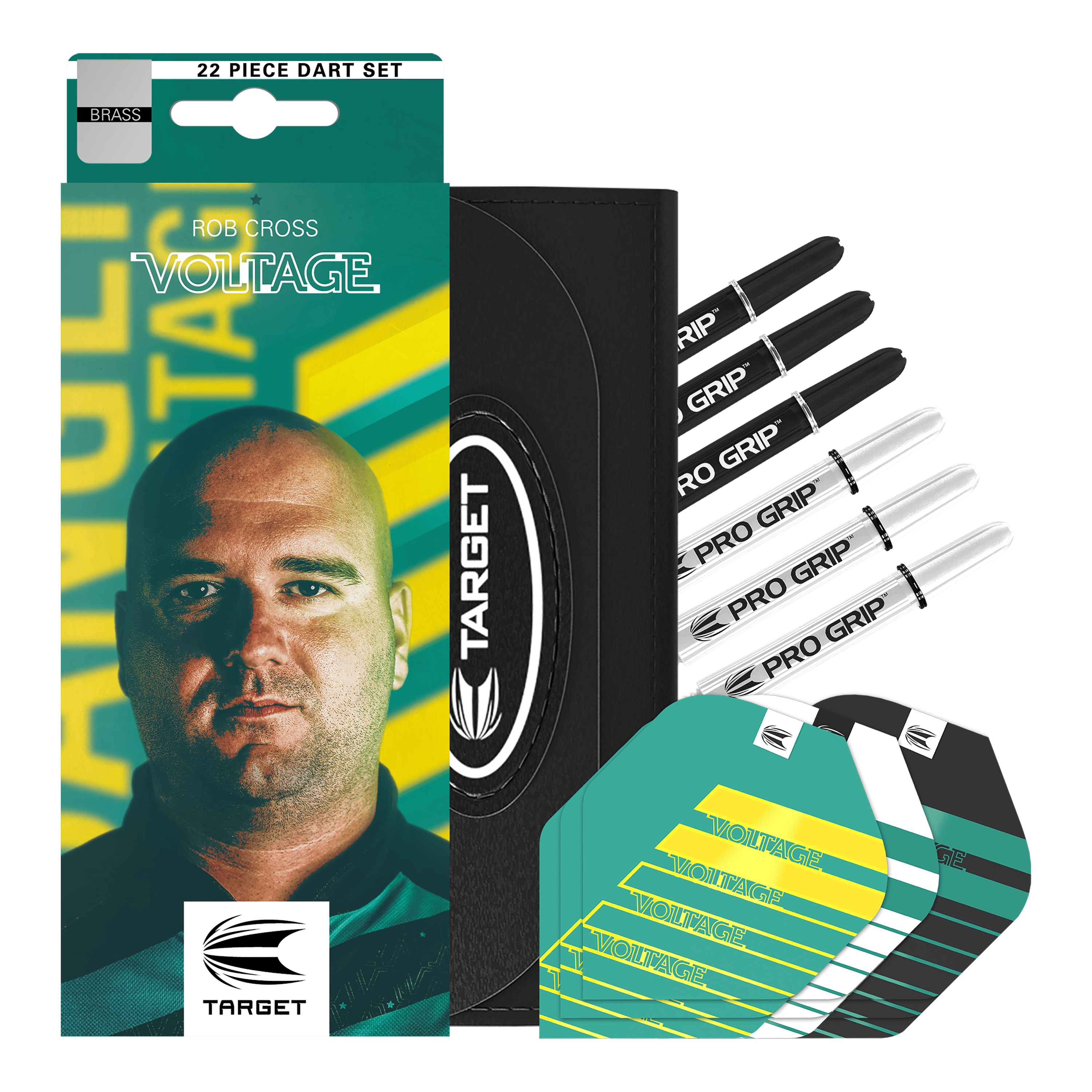 Freccette morbide Target Rob Cross in ottone - 18 g Das Bild zeigt das Produkt „Target Rob Cross Brass Softdarts - 18g“ in einer auffälligen Verpackung mit dem Bild eines Mannes und dem Schriftzug „VOLTAGE“. Neben der Verpackung sind verschiedene Dartteile wie Shafts, Flights und ein Etui zu sehen.
