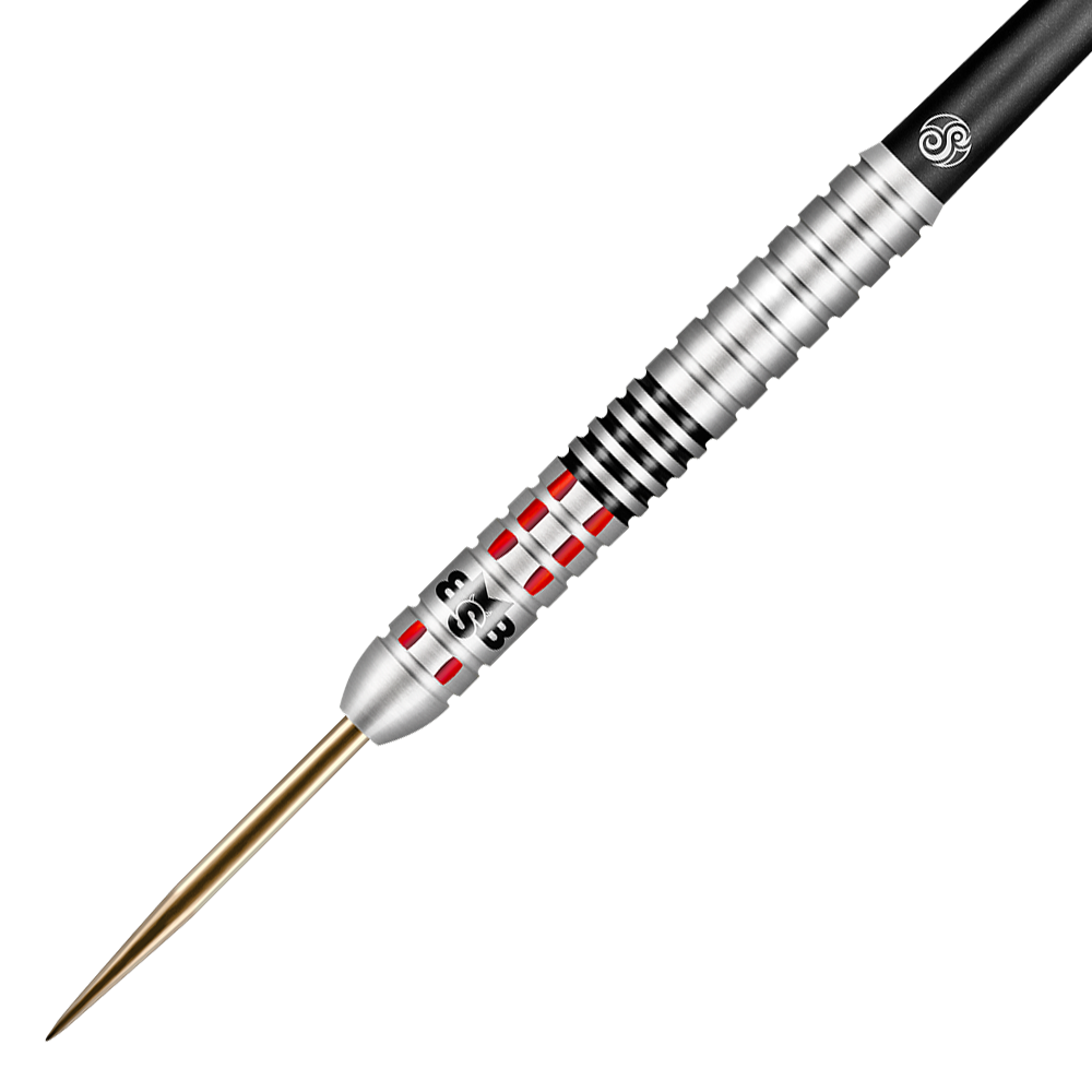 Shot Michael Smith Ottieni freccette d'acciaio Auf dem Bild ist ein Steeldart mit silbernem Barrel, roten Akzenten und schwarzem Griffbereich zu sehen. Es handelt sich um das Produkt "Shot Michael Smith Achieve Steeldarts".