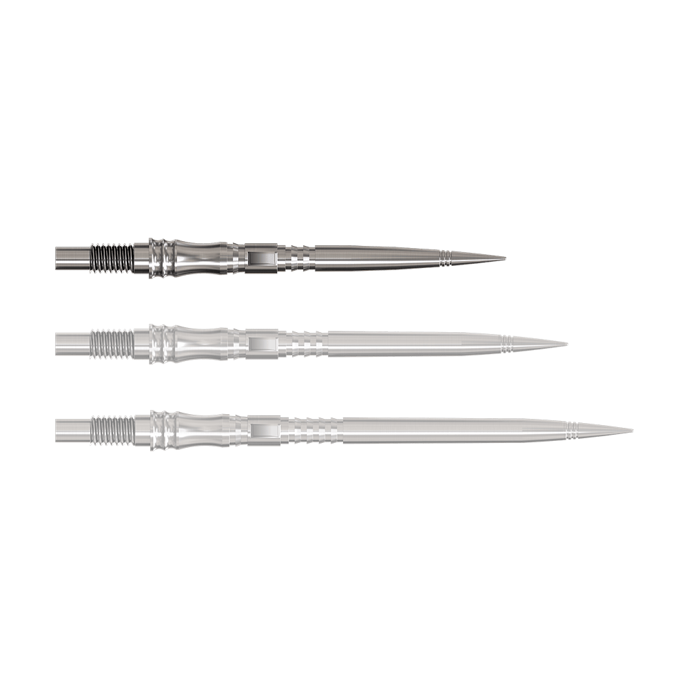 Harrows Quick Point Apex Axis Elite Series Dartspitzen - Silber Abgebildet ist eine silberne Dartspitze der Elite Series. Das Produkt liegt auf hellem Hintergrund.