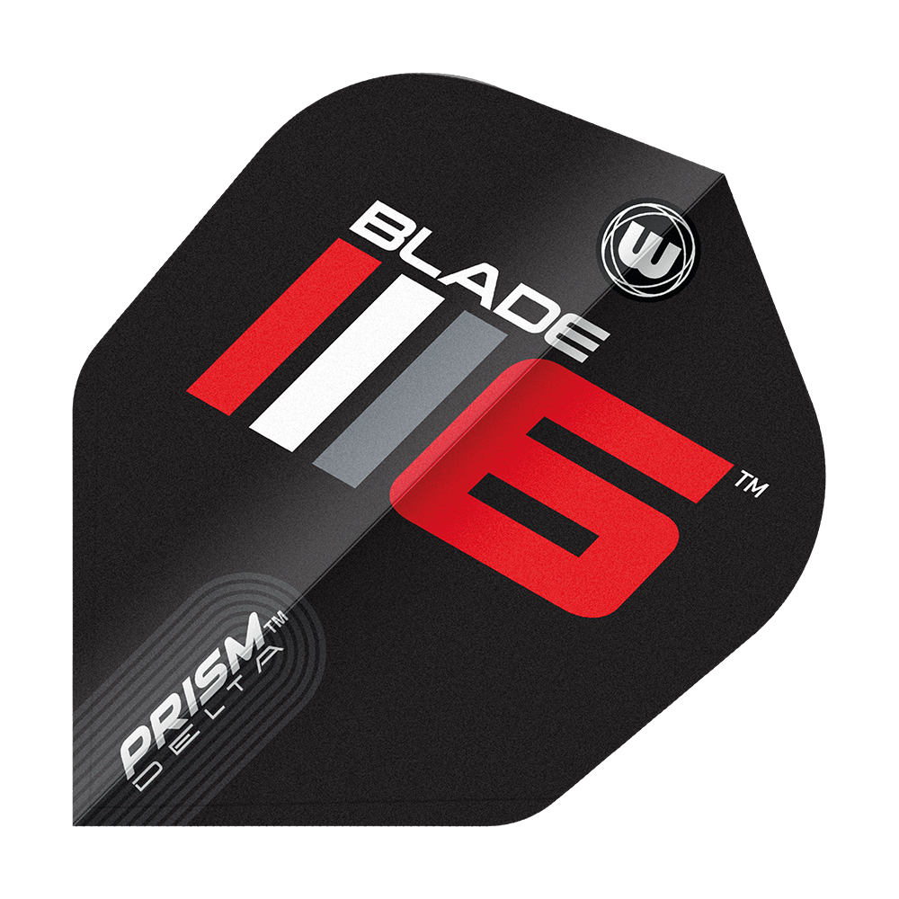 Voli Winmau Prism Delta Blade 6 No6 Das Bild zeigt ein Dartflight mit dem Aufdruck "Blade 6" in auffälligen Farben. Unten links steht "Prism Delta" und das Design ist modern und sportlich.