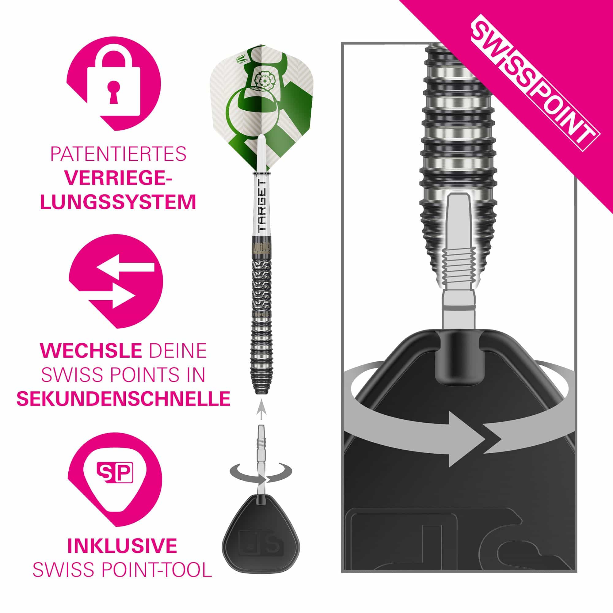 Freccette in acciaio Target Charlie Manby Swiss Points Abgebildet sind die Target Charlie Manby Swiss Points Steeldarts. Diese Darts zeichnen sich durch ihre hochwertige Verarbeitung aus.