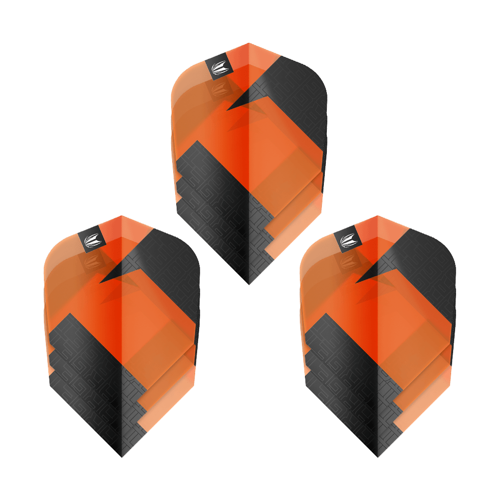 Target Pro Ultra TAG Orange Ten-X Standard Flights - 3 set Das Bild zeigt drei Sets von Target Pro Ultra TAG Orange Ten-X Standard Flights. Die Flights sind orange und schwarz gestaltet und haben ein modernes, geometrisches Muster.