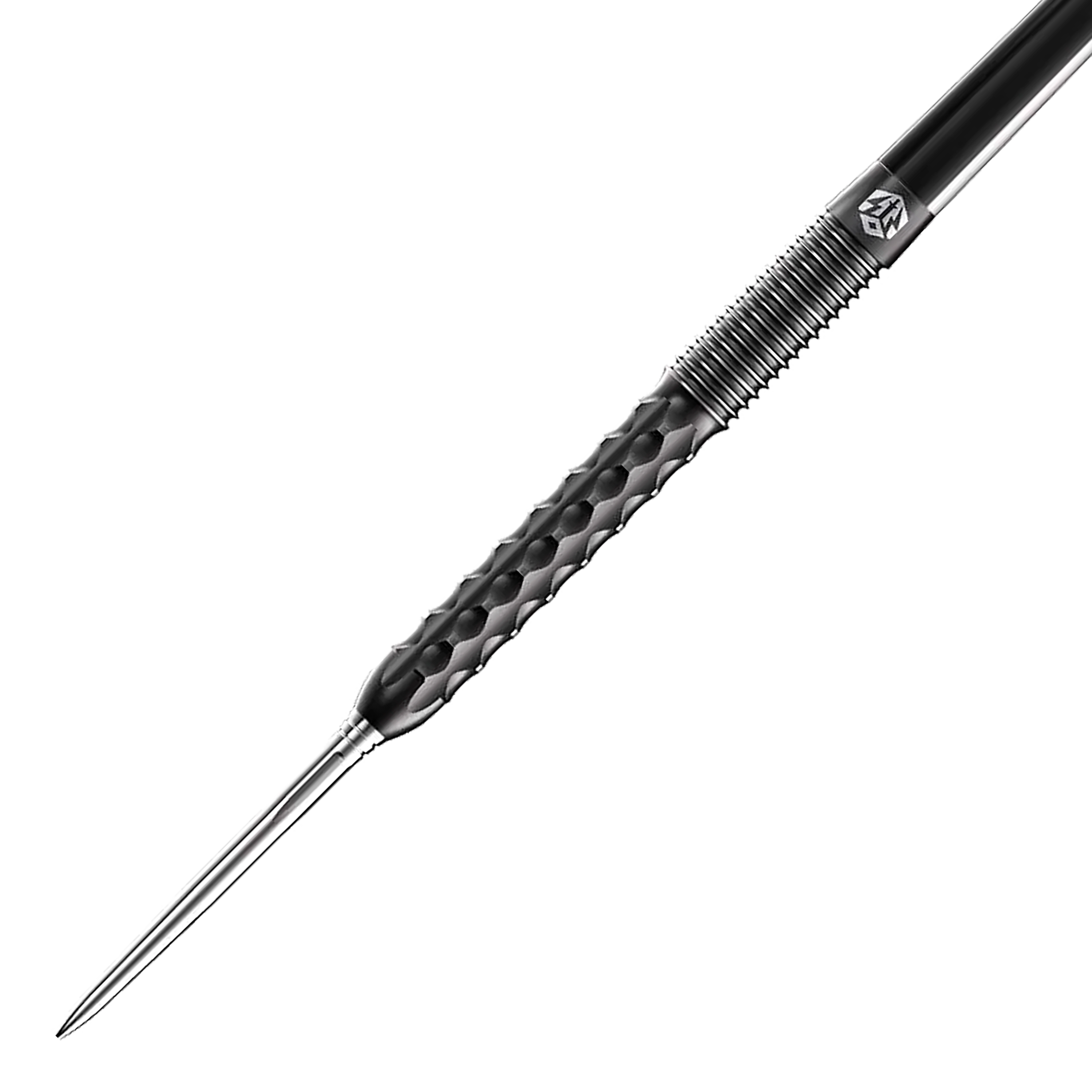 Freccette in acciaio Caliburn Sword S1 Das Bild zeigt einen Caliburn Sword S1 Steeldart. Der Dartpfeil hat eine silberne Spitze und einen schwarz strukturierten Griff.