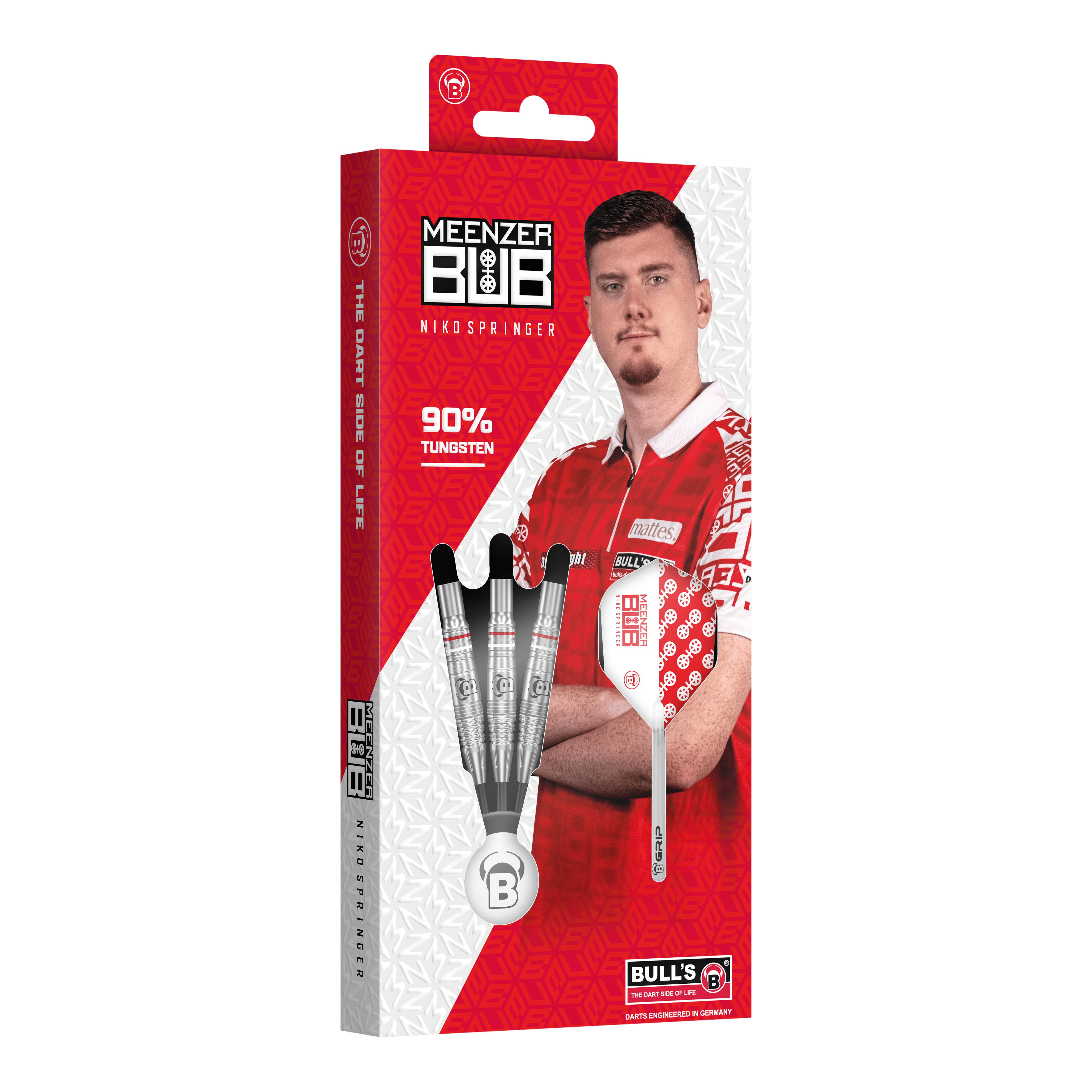 Freccette in acciaio Bulls Niko Springer Die Verpackung zeigt die Bulls Niko Springer Steeldarts mit 90% Tungsten. Auf der Vorderseite ist ein Bild von Niko Springer in rotem Trikot zu sehen.