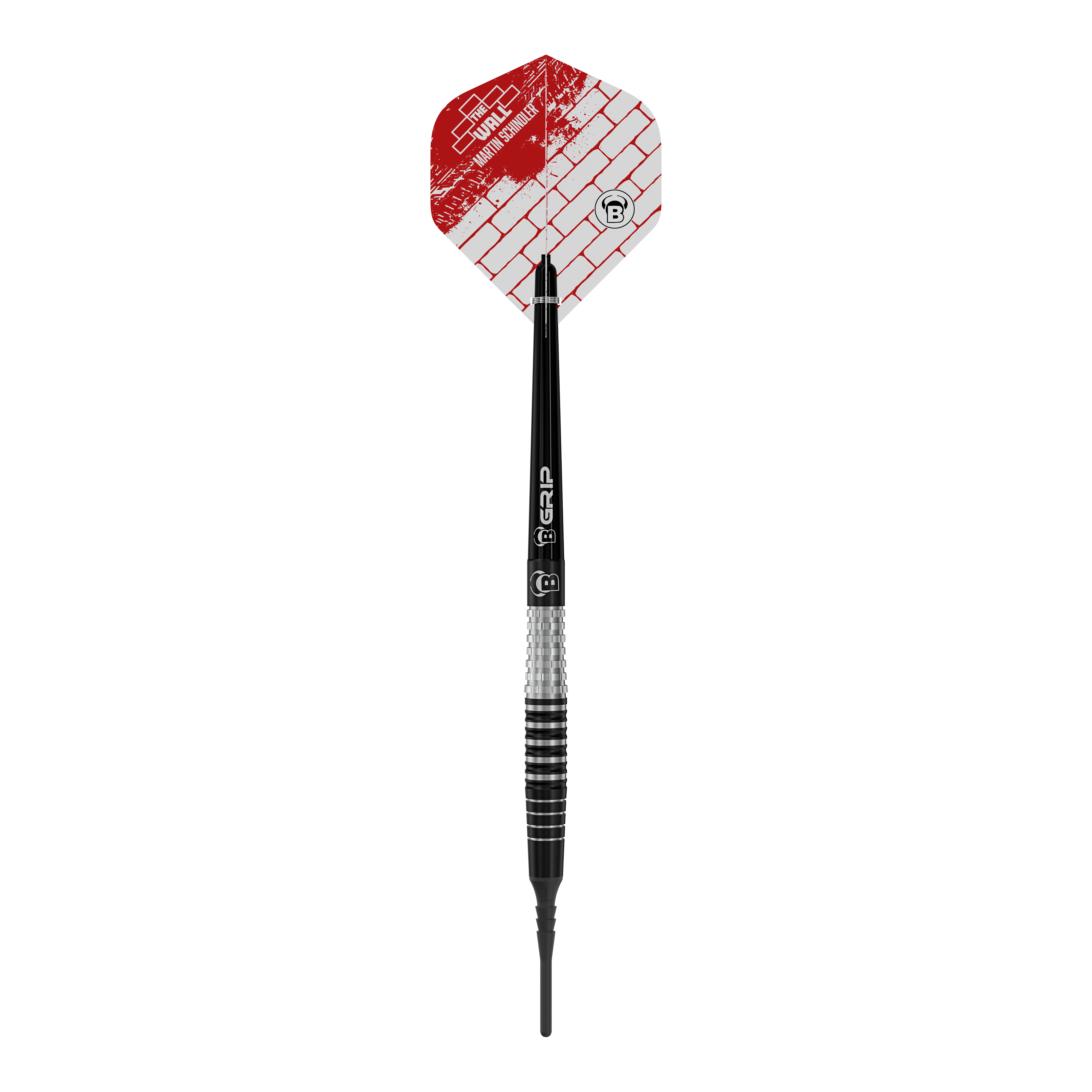Bulls Martin Schindler Original Generation 3 freccette morbide Das Bild zeigt einen Bulls Martin Schindler Original Generation 3 Softdart. Der Dart hat eine schwarz-silberne Struktur mit einer roten und weißen Flights mit Ziegelmuster.