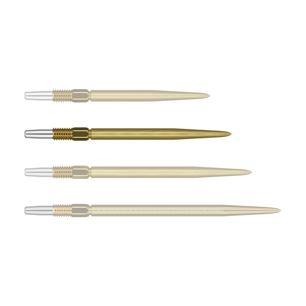 Target Swiss Point Nano Dart Tips - Oro Das Bild zeigt vier goldene Dartspitzen mit silbernem Befestigungsende, die nebeneinander liegen. Die Spitzen sind gleich lang und haben eine feine Riffelung entlang der gesamten Länge.