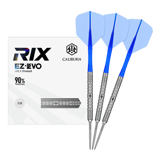 Freccette in acciaio Caliburn Rix EZ-EVO R1 Das Bild zeigt das vollständige Set der Caliburn Rix EZ-EVO R1 Steeldarts. Es handelt sich um professionelle Steeldarts für ambitionierte Spieler.