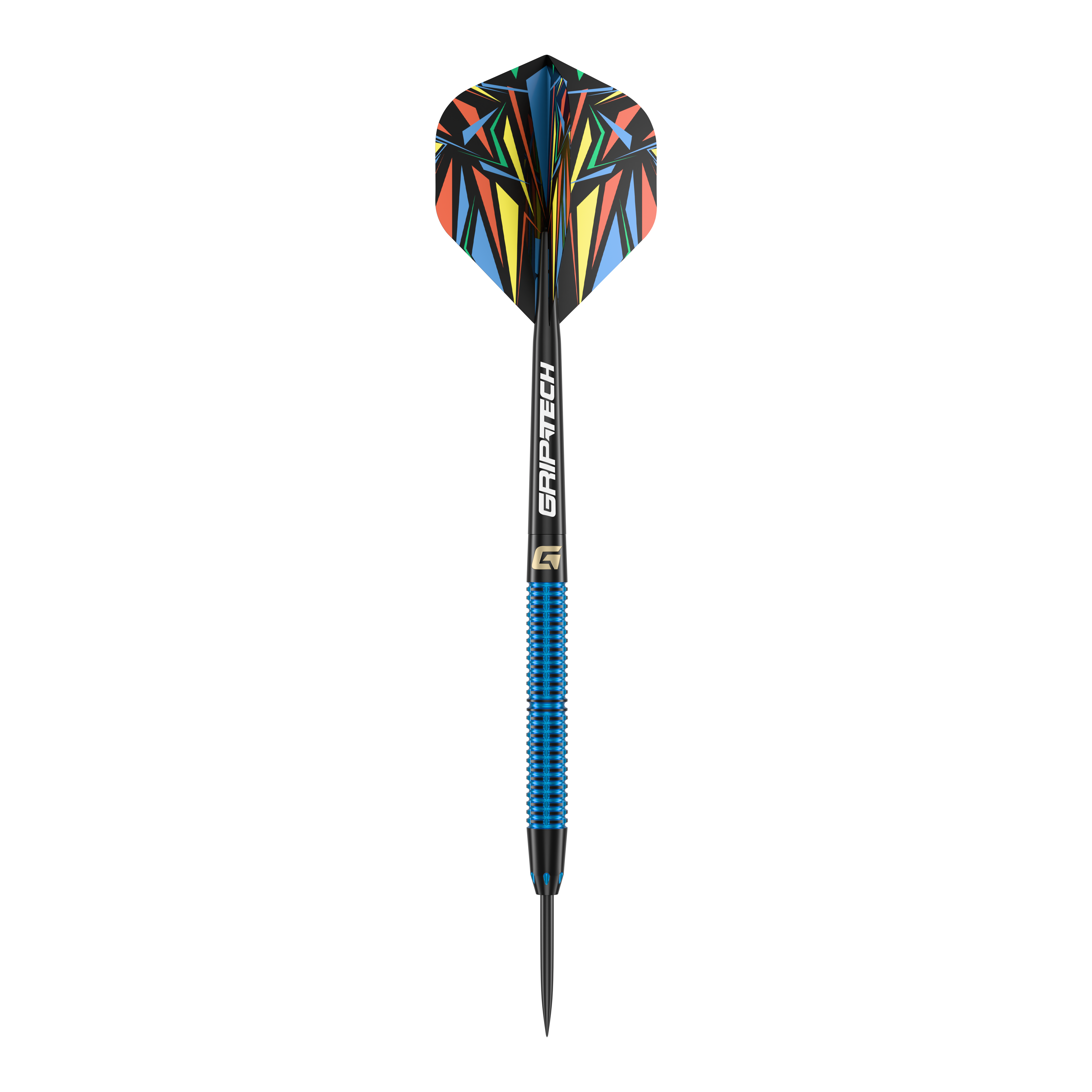 Freccette in acciaio GOAT Athlete Blue Brass - 12 g Das Bild zeigt einen Steeldart mit blauem Griff und der Aufschrift "GRIP-TECH". Die Flights haben ein buntes, geometrisches Muster.