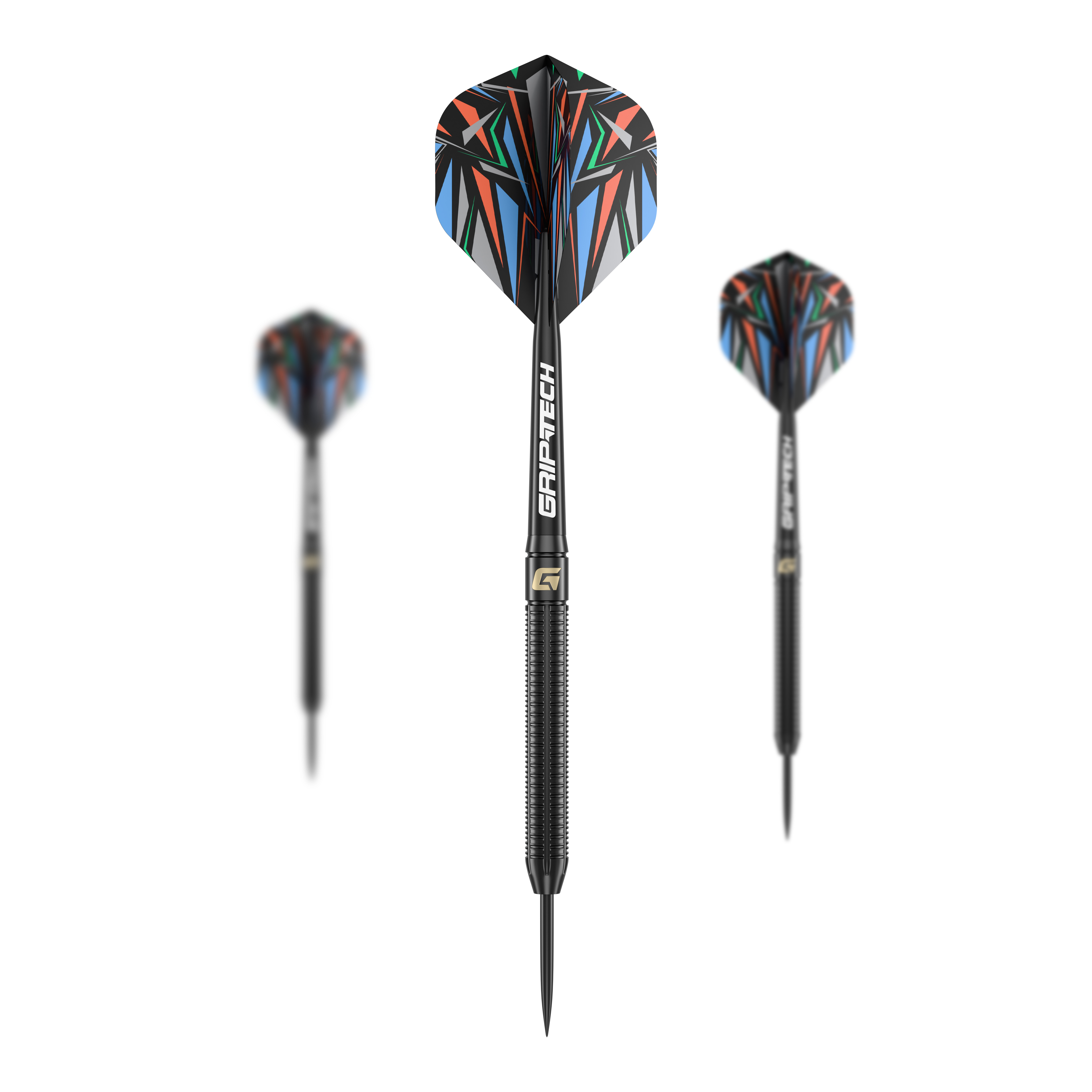Freccette in acciaio GOAT Athlete in ottone nero - 13 g Das Bild zeigt drei schwarze Steeldarts mit farbenfrohen Flights und der Aufschrift "GRIP-TECH". Es handelt sich um das Produkt "GOAT Athlete Black Brass Steeldarts - 13g".
