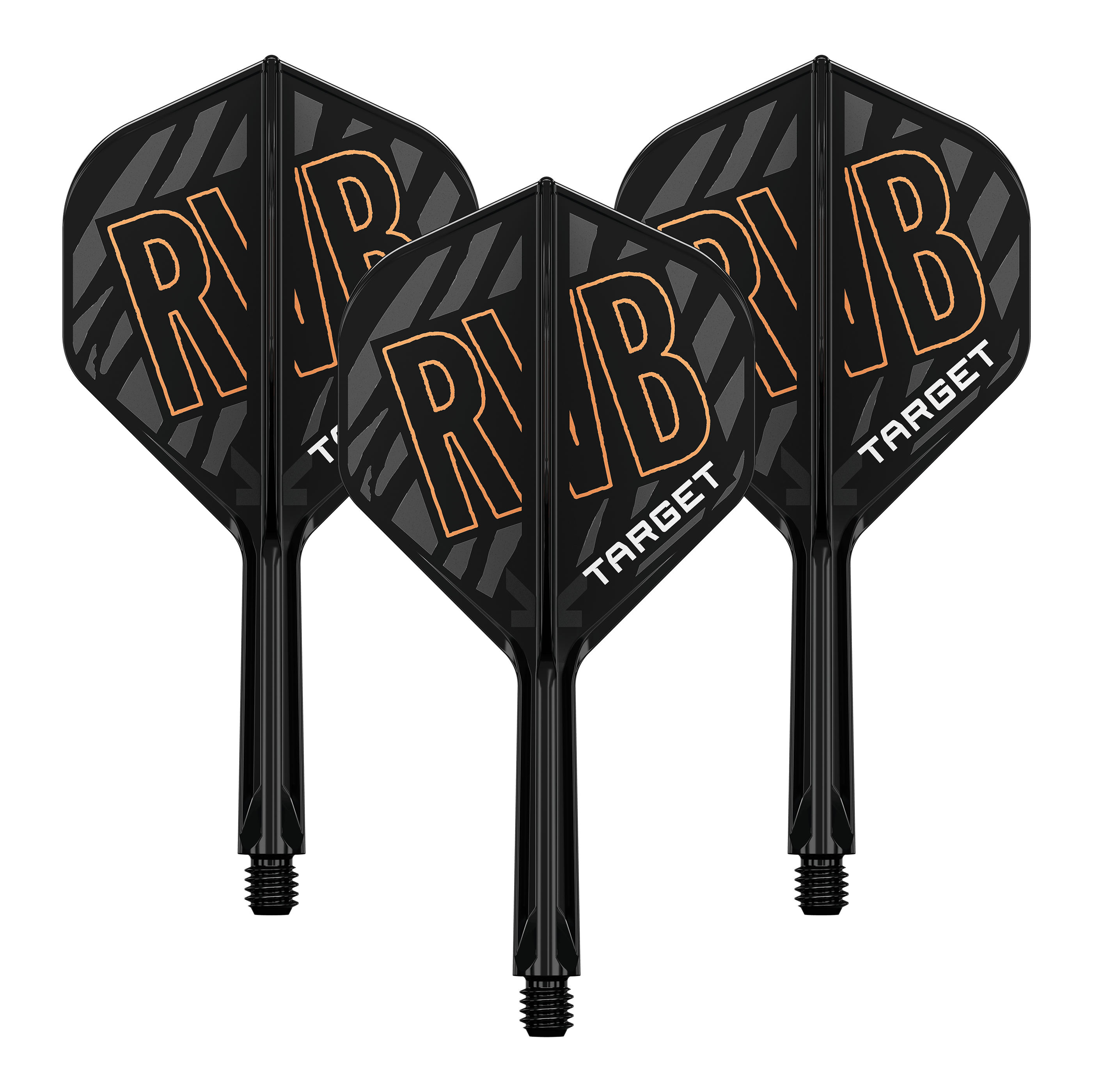 Target K-Flex Raymond Van Barneveld No2 Sistema di albero di volo standard Auf dem Bild sind drei schwarze Dart-Flights mit der Aufschrift "RVB" und "TARGET" zu sehen. Die Flights haben ein schwarzes, gestreiftes Design mit orangefarbenen Buchstaben.
